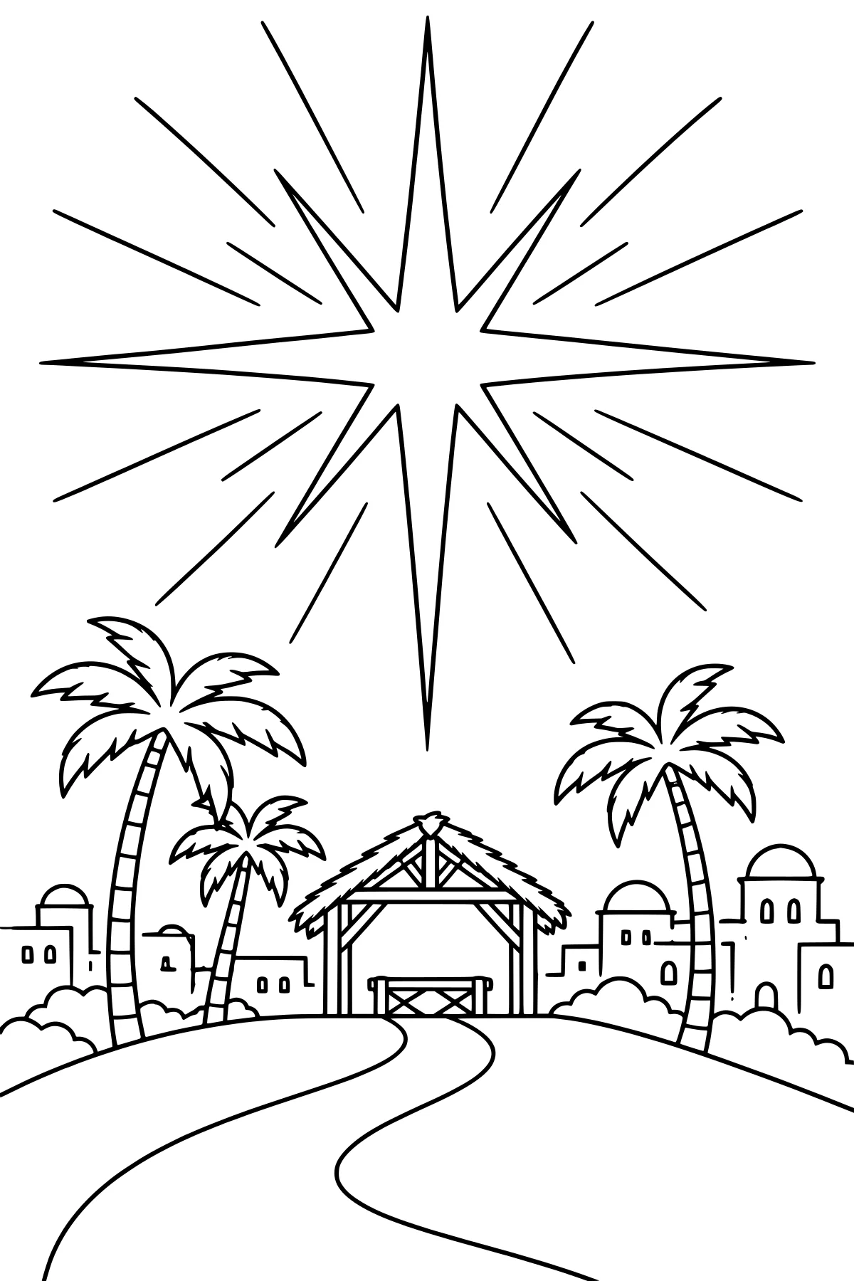 Large radiant star above a stable and manger, with a winding road, palm trees, bushes, and distant buildings.