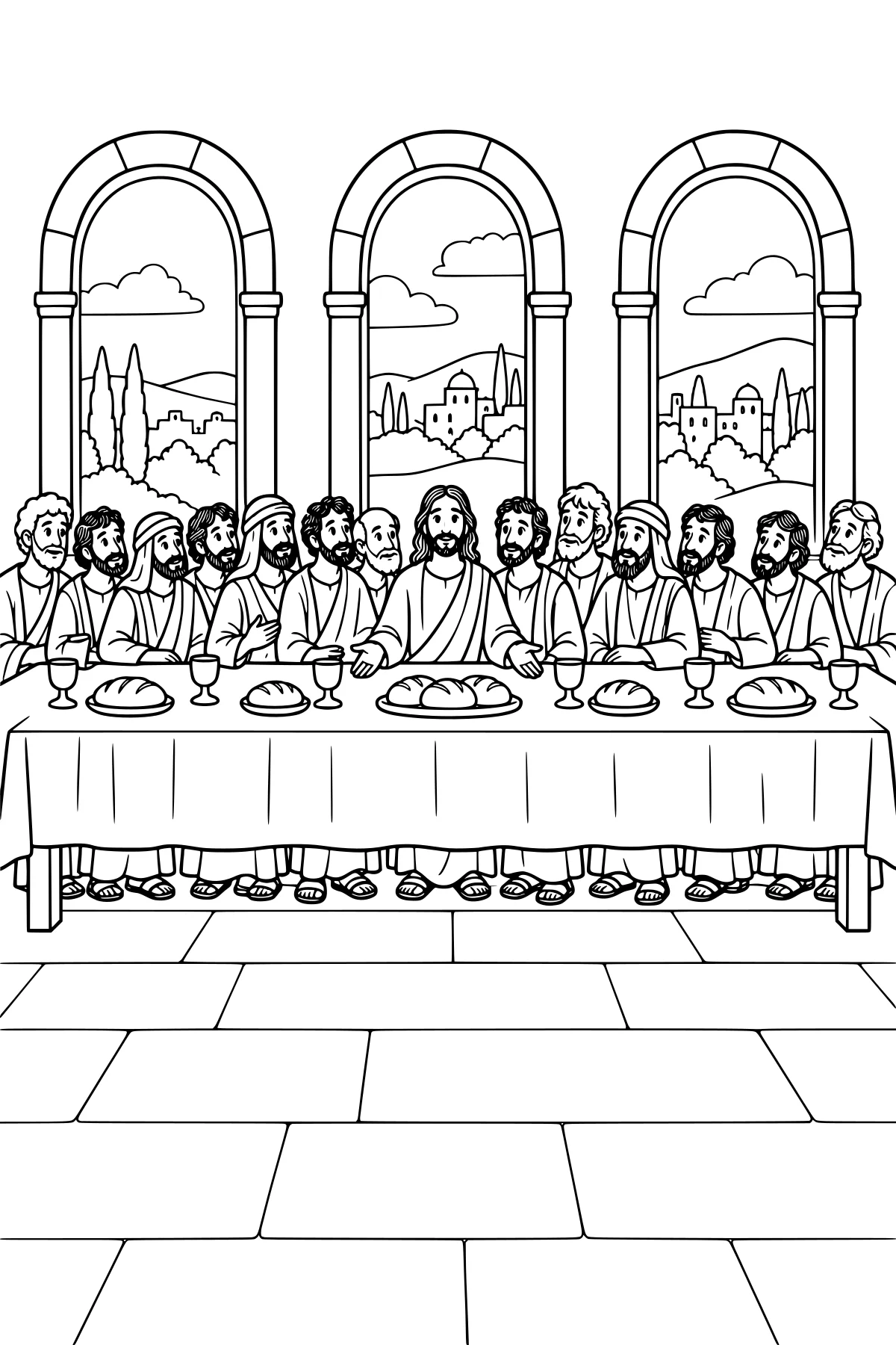 A group of robed figures gathered behind a long table with loaves and cups, with arched windows overlooking trees and distant buildings.
