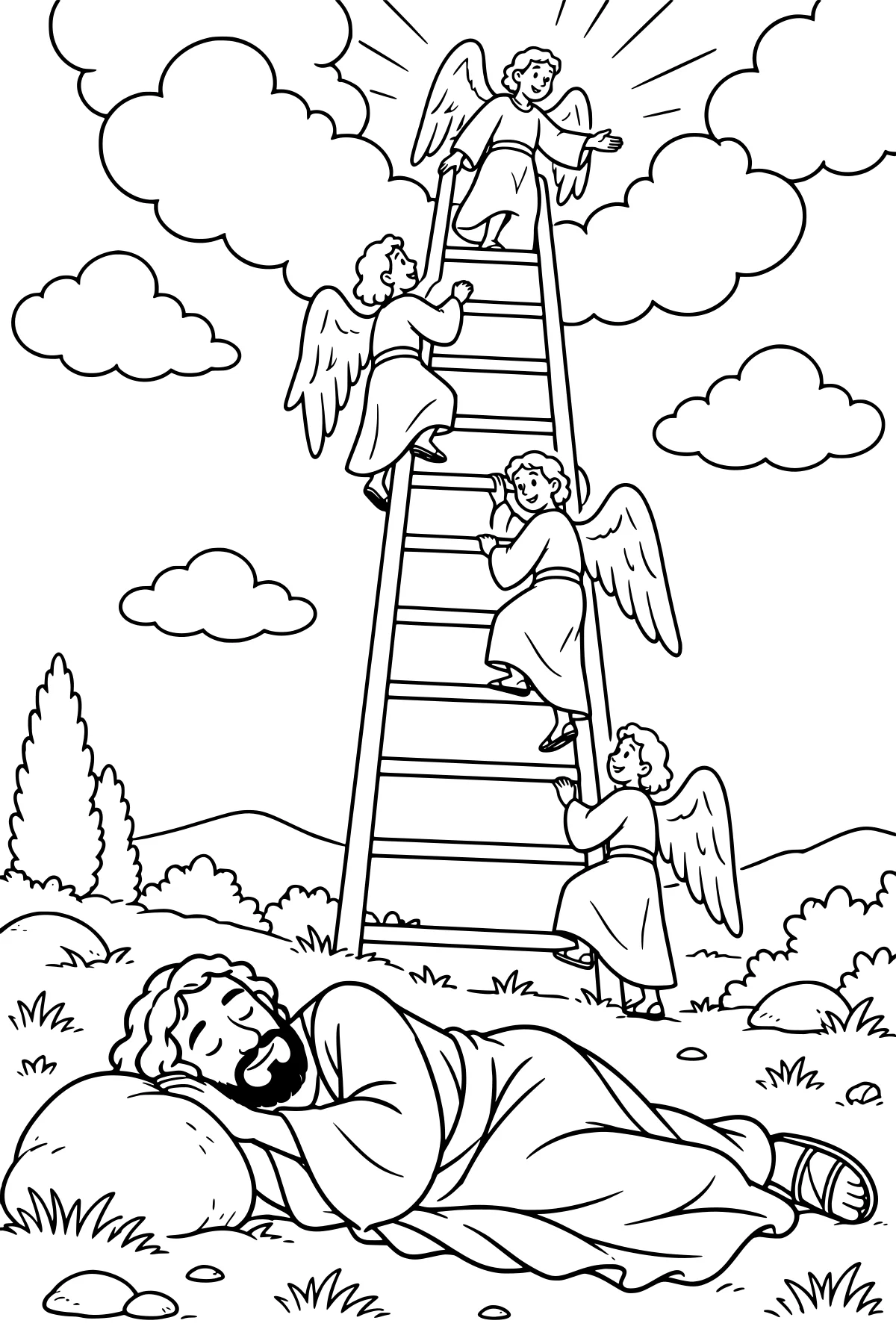 Jacob sleeping beside a stone as winged figures climb a tall ladder extending from the grassy ground into clouds above distant hills.