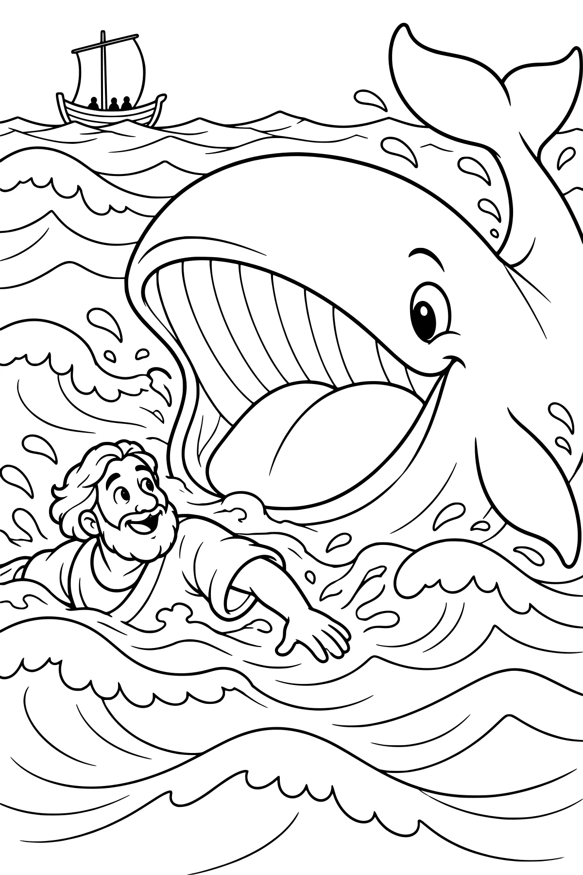 Jonah in rolling ocean waves beside a huge fish with an open mouth, splashing water, raised tail, and a distant sailboat.