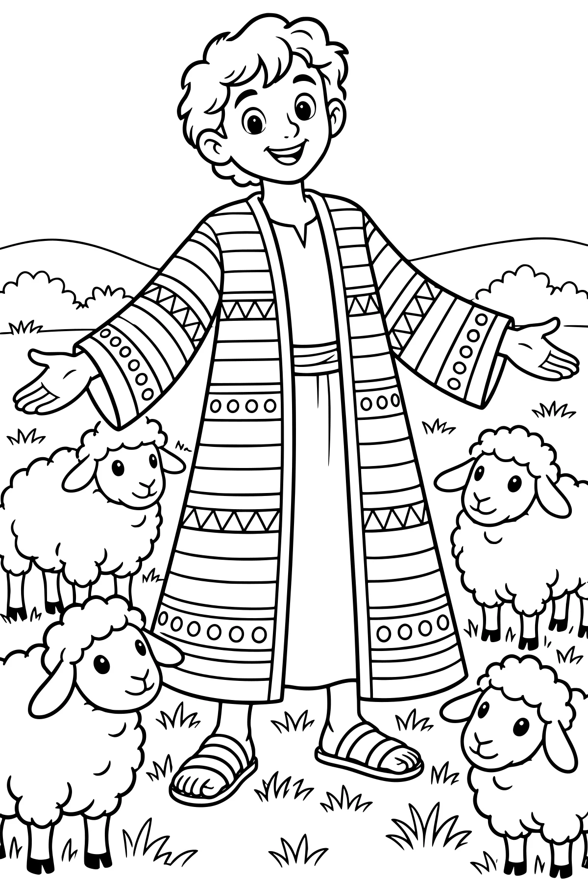 Joseph wearing a long patterned coat and sandals, standing with arms outstretched among sheep, grass, bushes, and rolling hills.