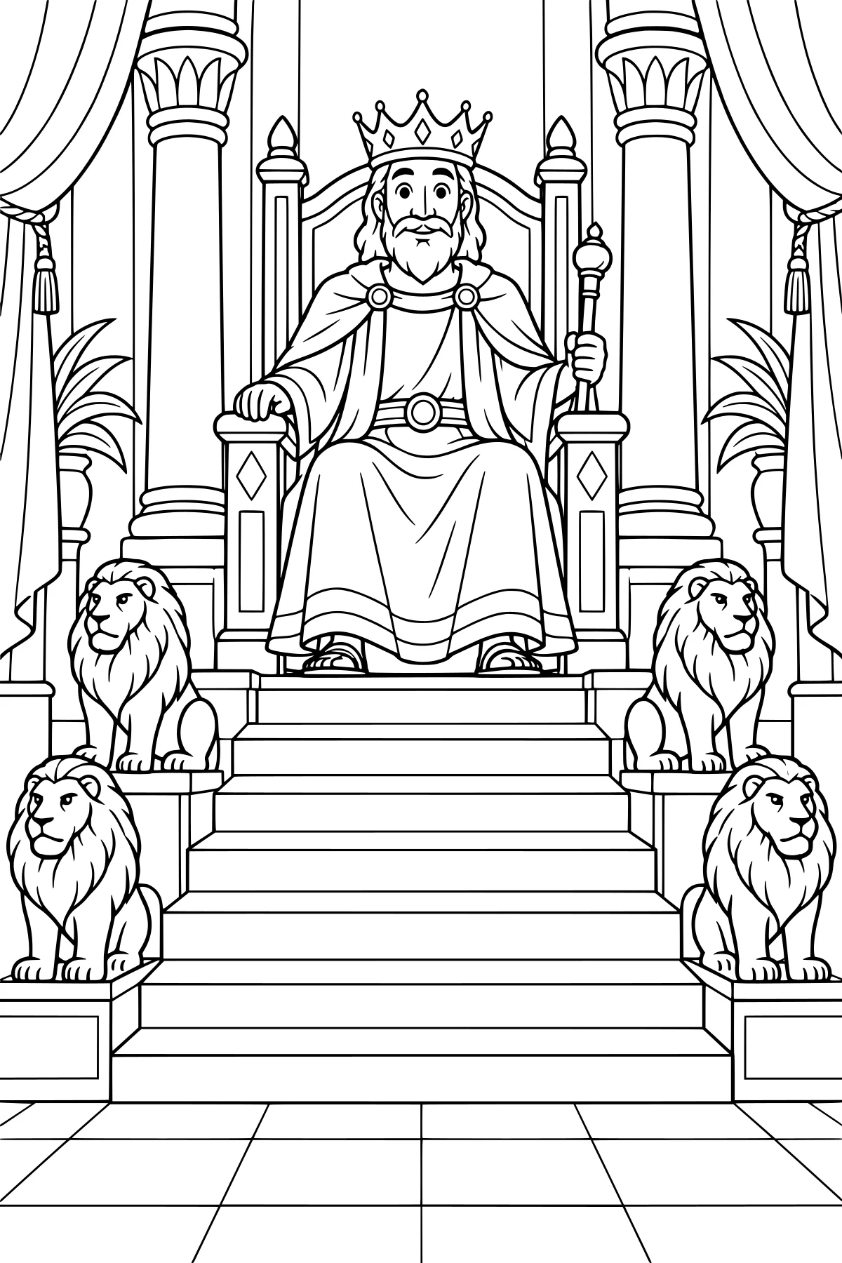 King Solomon wearing a crown and robe, seated on a raised throne with a scepter, surrounded by lions, columns, curtains, plants, steps, and floor tiles.