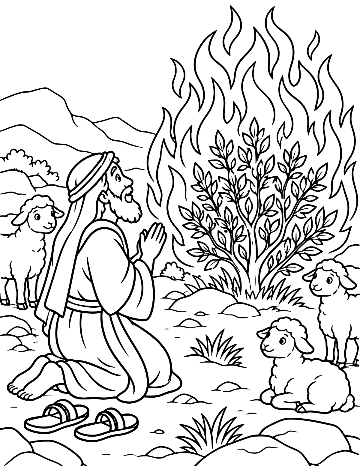 Moses kneeling before a leafy bush surrounded by flames, with sheep, sandals, rocks, grass, and mountains nearby.