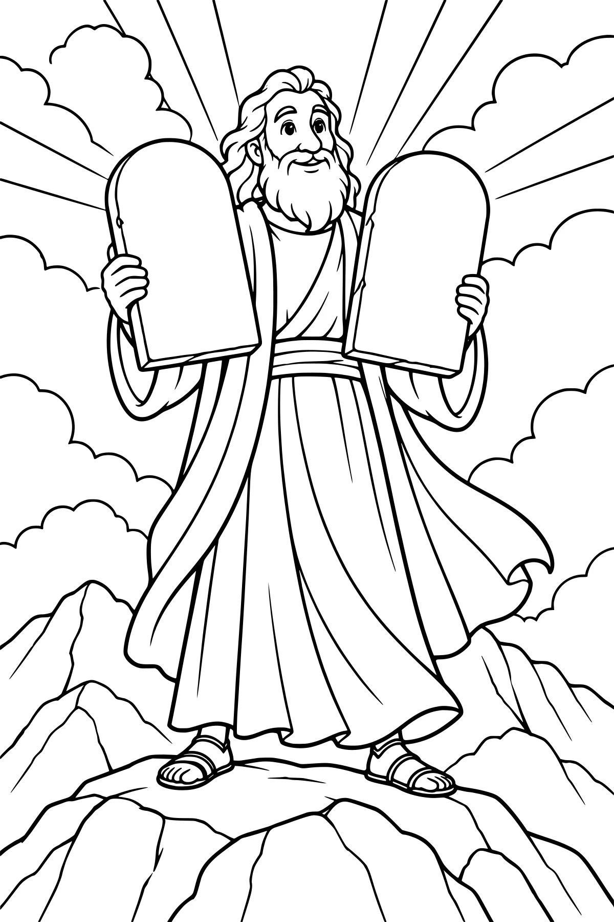 Moses holding stone tablets while standing on a rocky mountain, with clouds and radiant lines in the background.