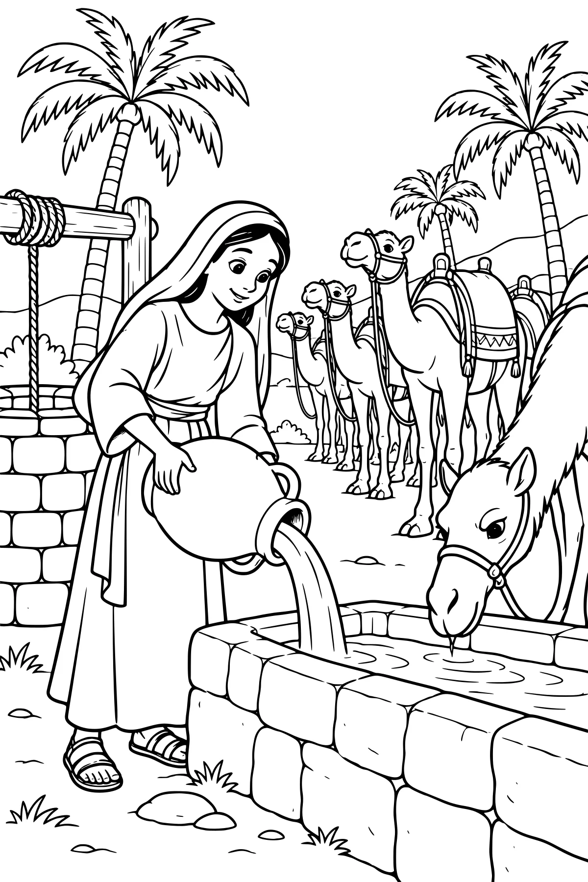 Rebekah pouring water from a jar into a stone trough beside a camel, with more camels, palm trees, a rope well, and desert hills in the background.