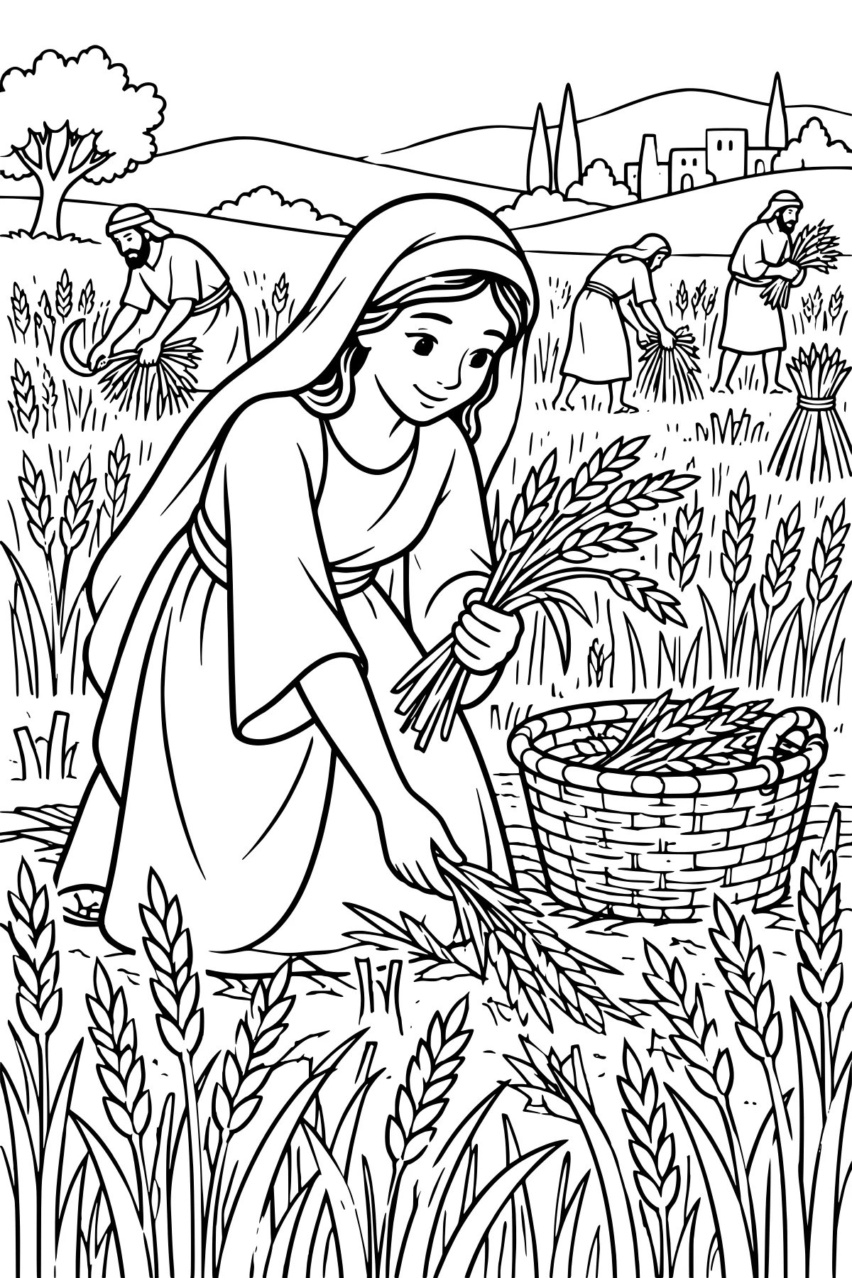 Ruth kneeling in a wheat field with cut stalks in hand and a woven basket nearby, surrounded by grain, hills, trees, and distant buildings.
