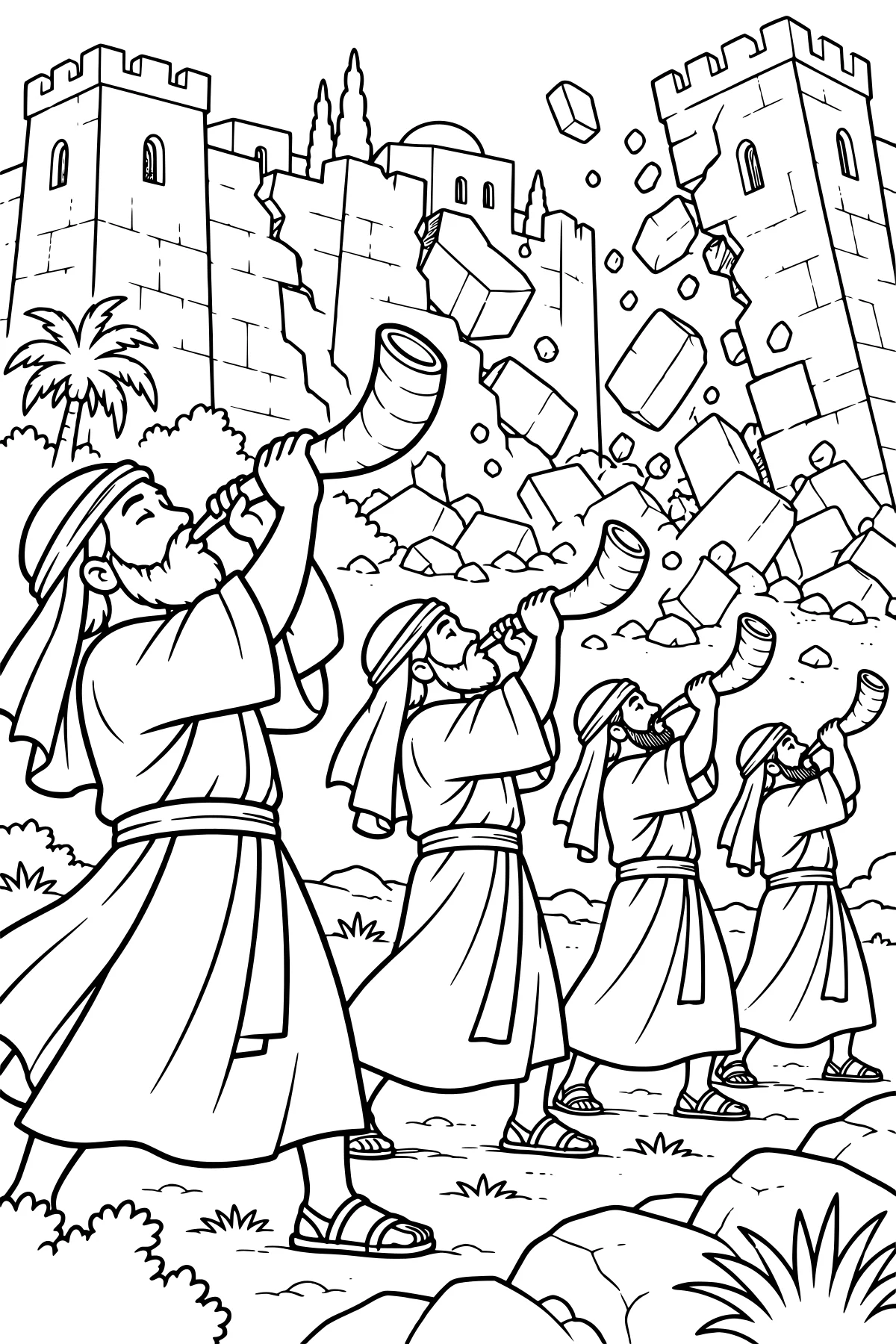 Curved trumpets raised toward Jericho as cracked towers and stone walls collapse amid falling blocks, rubble, shrubs, and a palm tree.