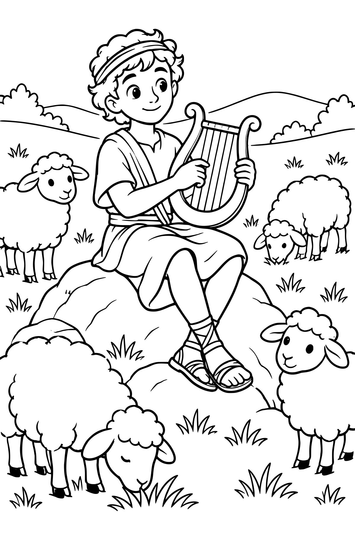 Young David seated on a rock, playing a harp among grazing sheep, rolling hills, bushes, and tufts of grass.