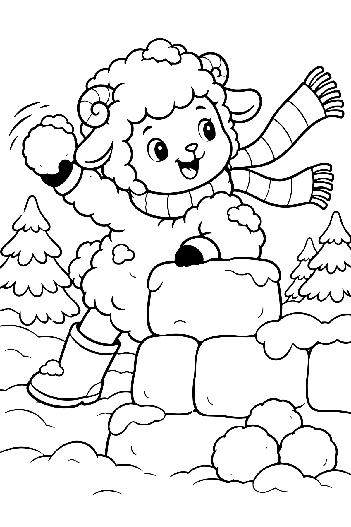 Biscuit the sheep holding a snowball behind a snowy block fort, wearing a striped scarf and boots among evergreen trees and snowdrifts.