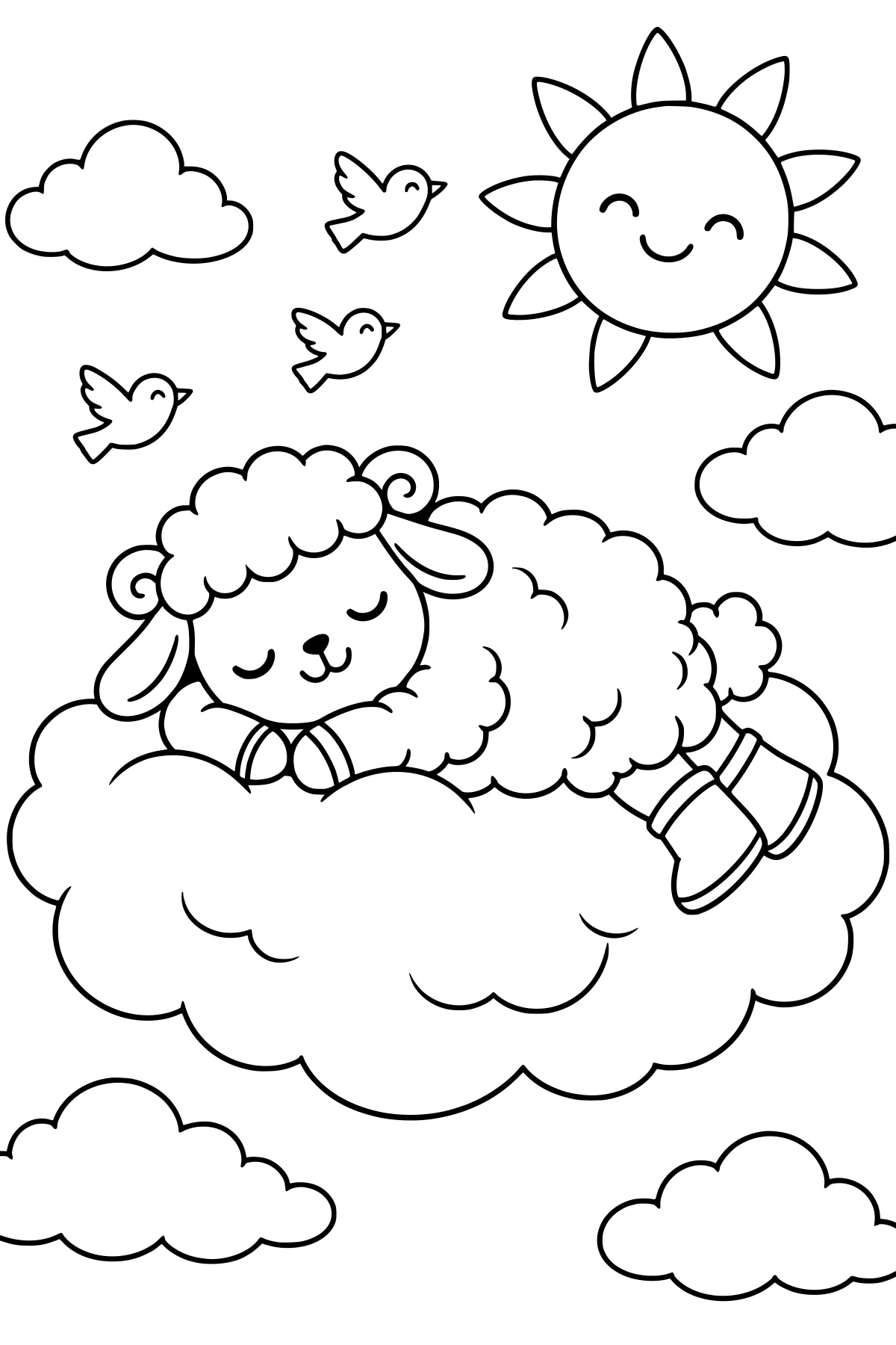 Biscuit the sheep sleeping on a large cloud beneath a round sun, surrounded by flying birds and smaller clouds.