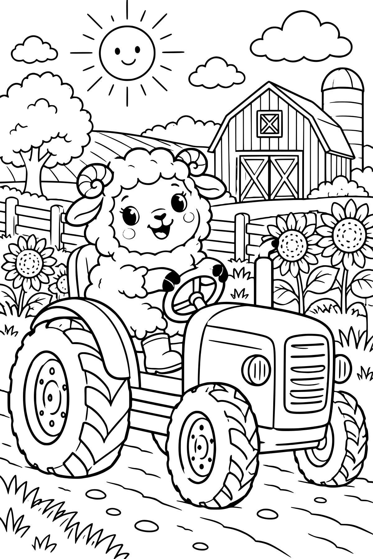 Biscuit the Sheep steering a tractor on a farm path, with a fence, large flowers, barn, silo, trees, clouds, and a smiling sun in the background.
