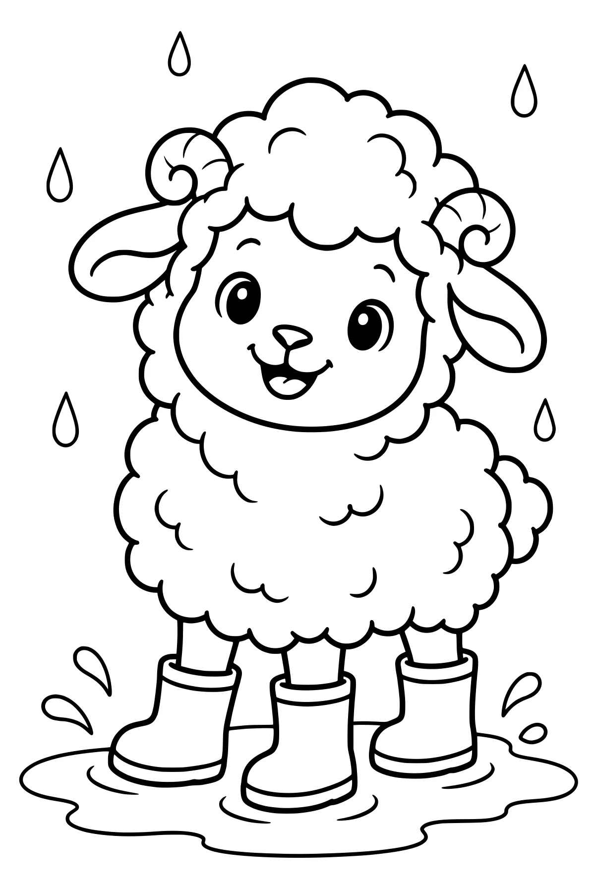 Biscuit the Sheep wearing rain boots in a puddle, surrounded by splash marks and falling raindrops, with curled horns, long ears, and fluffy wool.