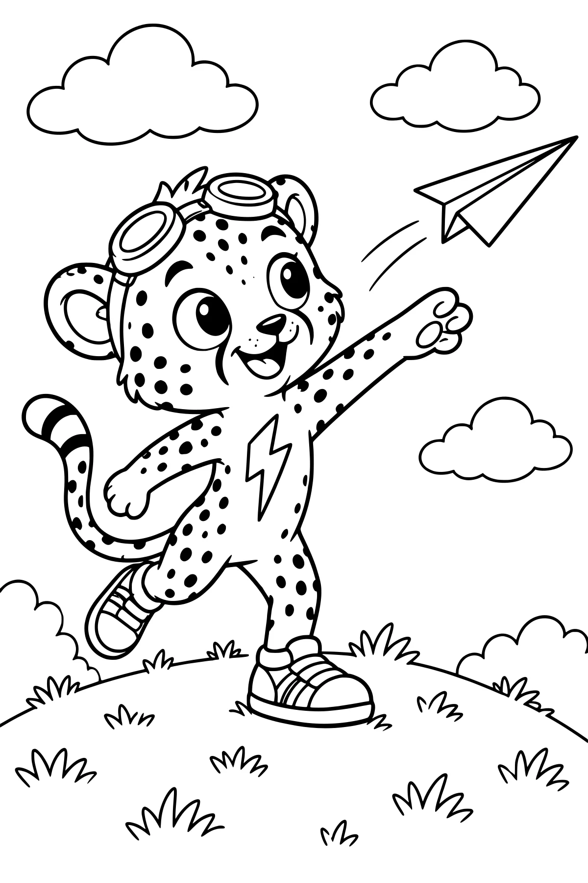 Bolt the Cheetah wearing goggles and sneakers reaches toward a paper airplane above a grassy hill, surrounded by clouds and motion lines.