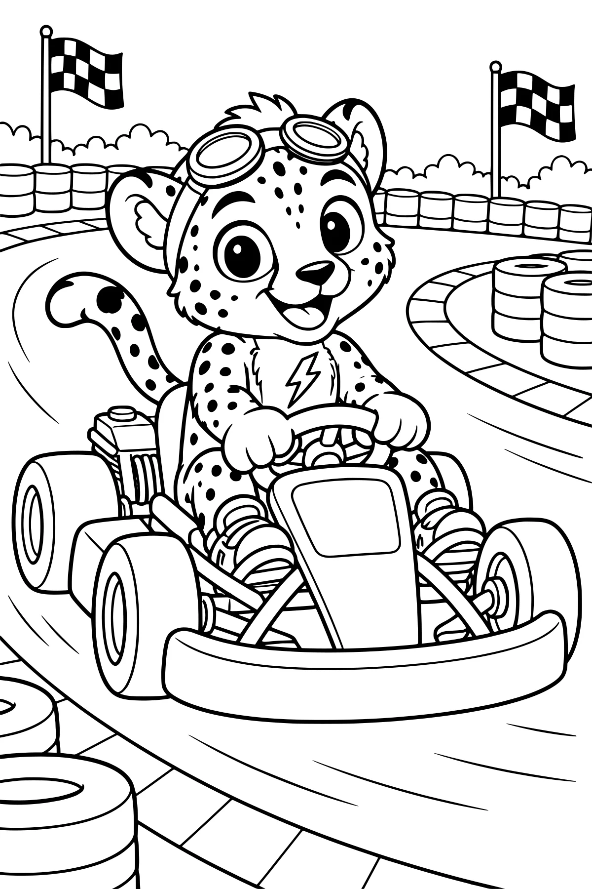 Bolt, a spotted cheetah wearing goggles, steers a go-kart around a curved racetrack bordered by stacked tires and checkered flags.