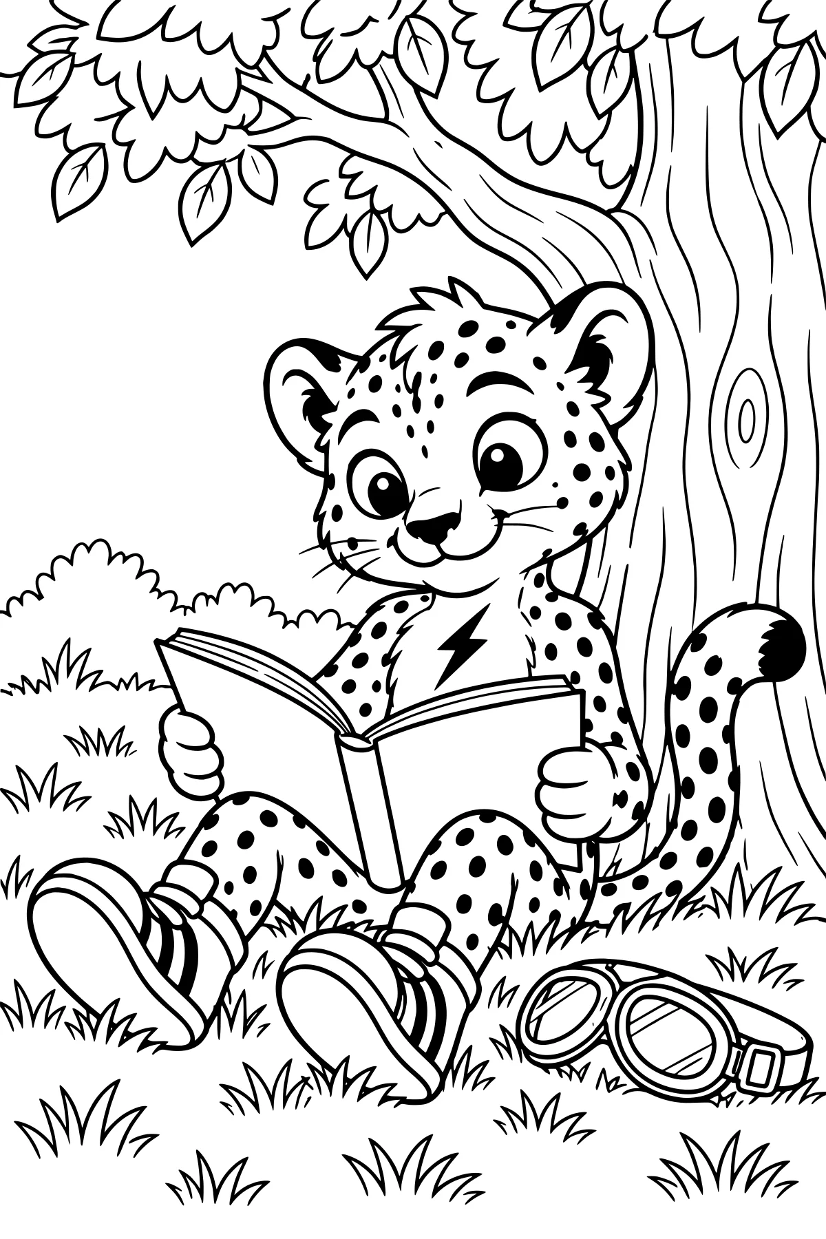 Bolt, a spotted cheetah wearing shoes, reads an open book beneath a leafy tree, with goggles resting in the grass nearby.
