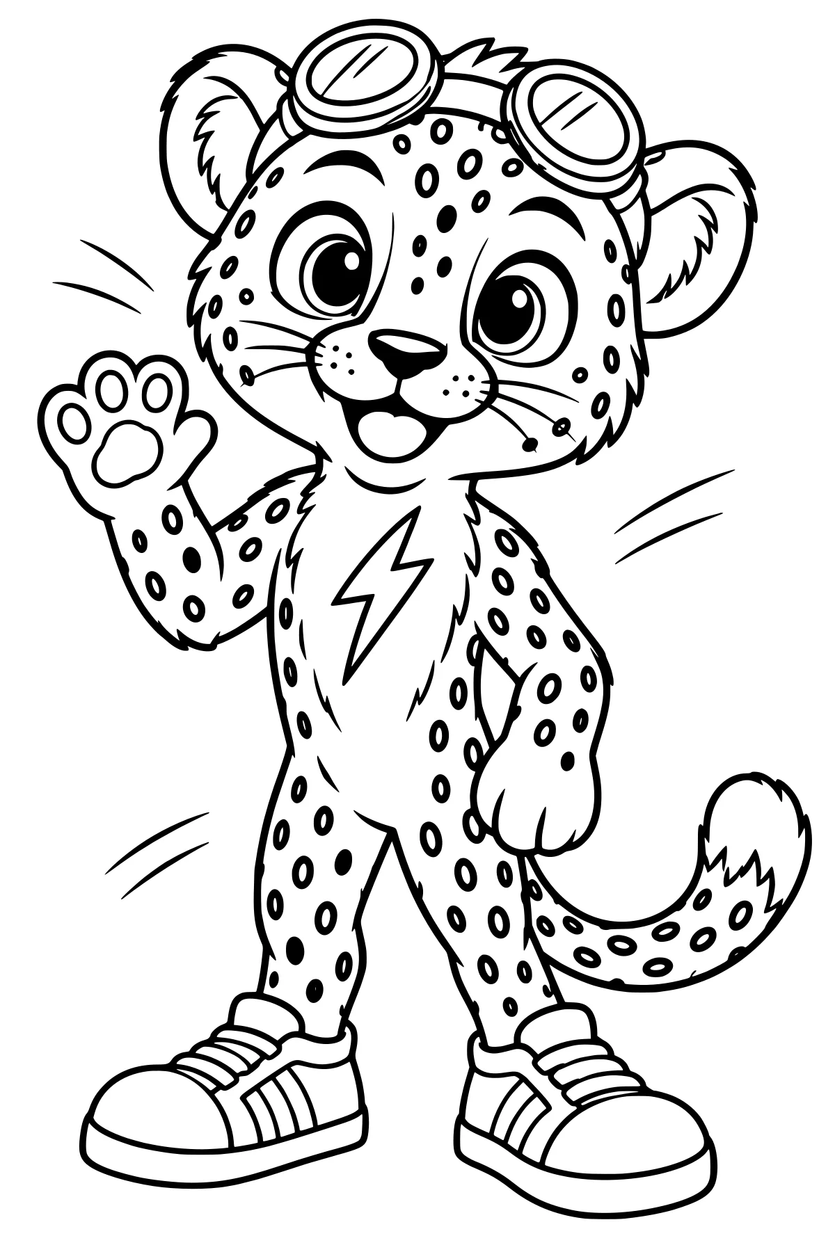Bolt the cheetah cub waving with a raised paw, round goggles, spotted fur, a lightning marking on the chest, sneakers, and a curved tail.