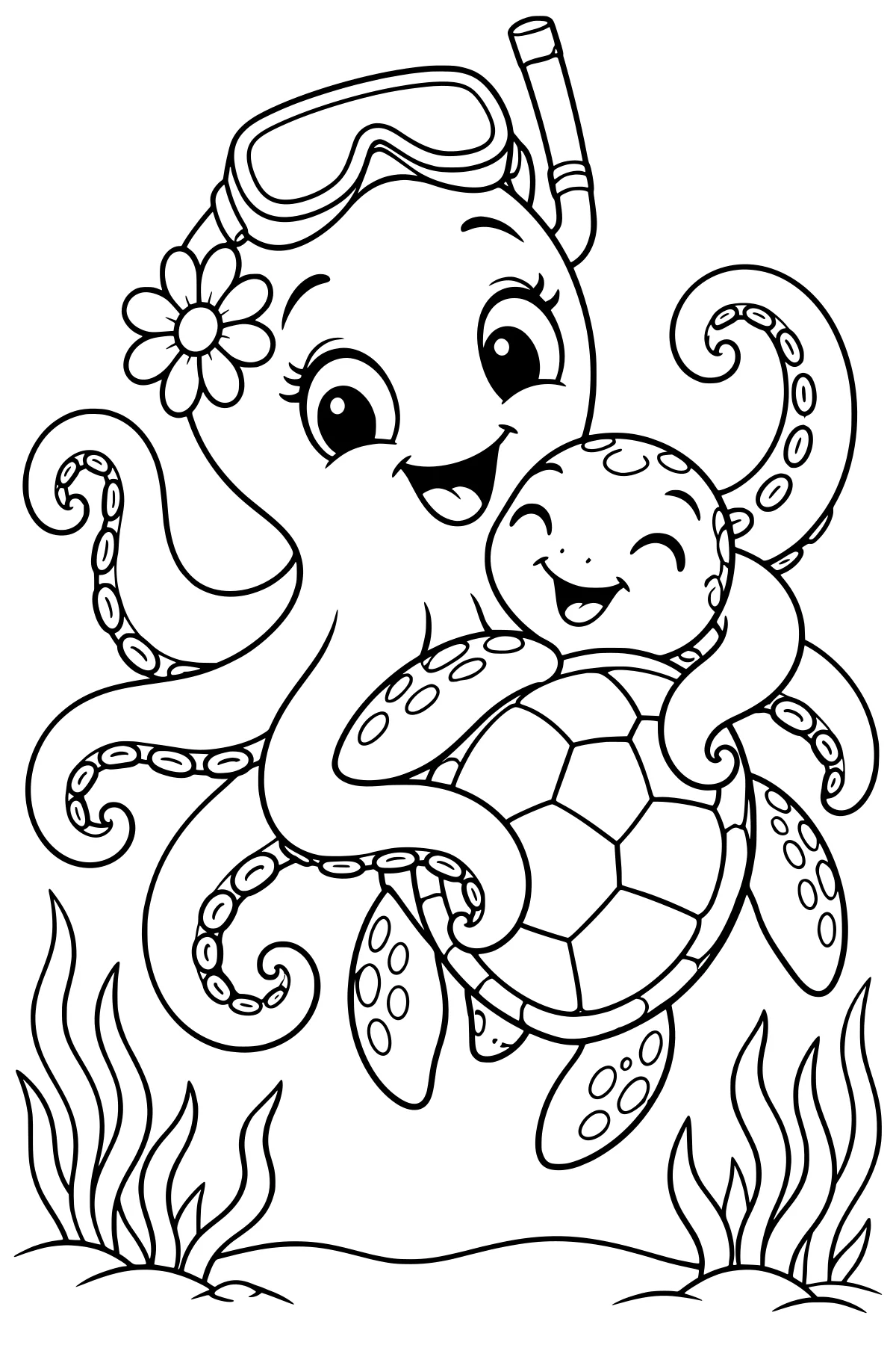 Bubbles the octopus wearing goggles, a snorkel, and a flower while wrapping curling arms around a sea turtle above waving sea plants.