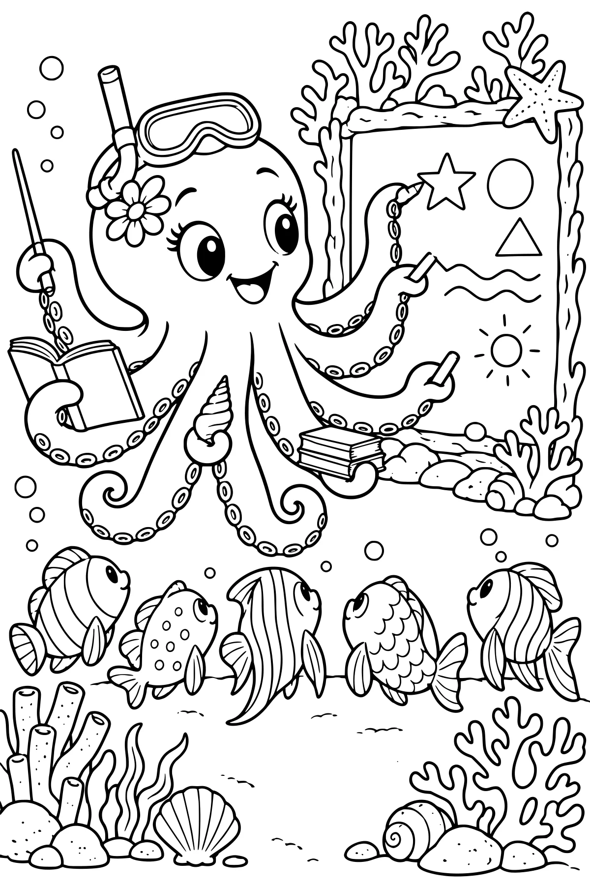 Bubbles the Octopus teaching fish underwater with a pointer, book, shell, chalk, and a board surrounded by coral and bubbles.