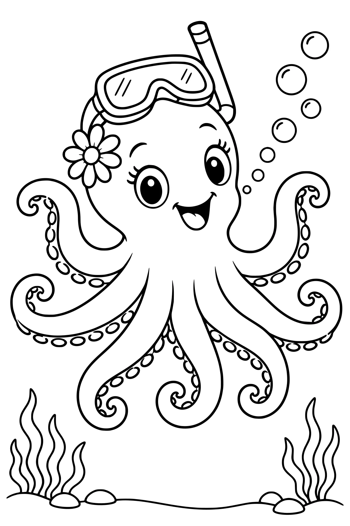 Bubbles the octopus with a diving mask, snorkel, flower, curling tentacles, suction cups, rising bubbles, rocks, and sea plants.