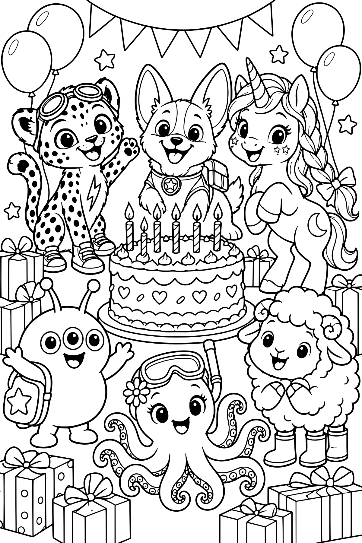 Crayonest Friends surrounding a birthday cake with candles, balloons, bunting, stars, bows, and wrapped gifts.
