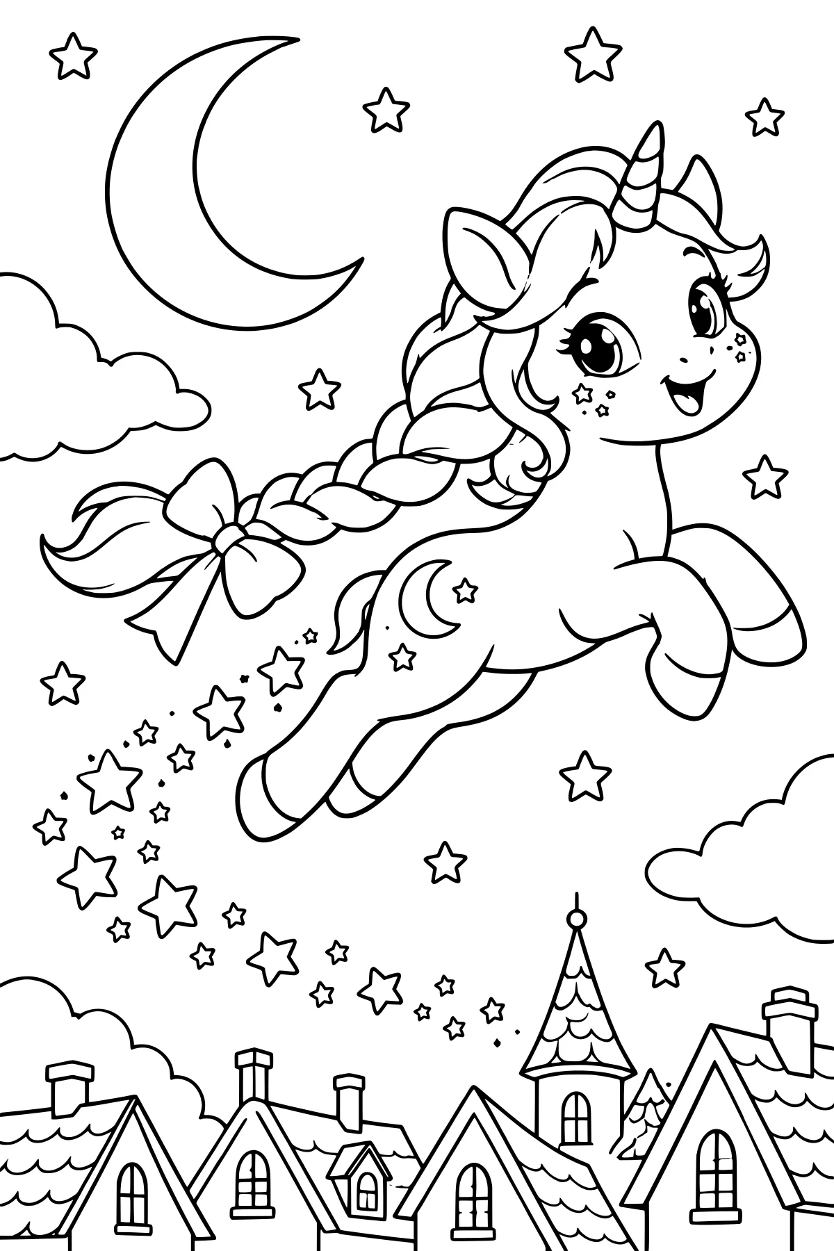 Luma the unicorn flying among stars, clouds, and a crescent moon above town rooftops, with a braided mane, curled horn, bow, and star markings.