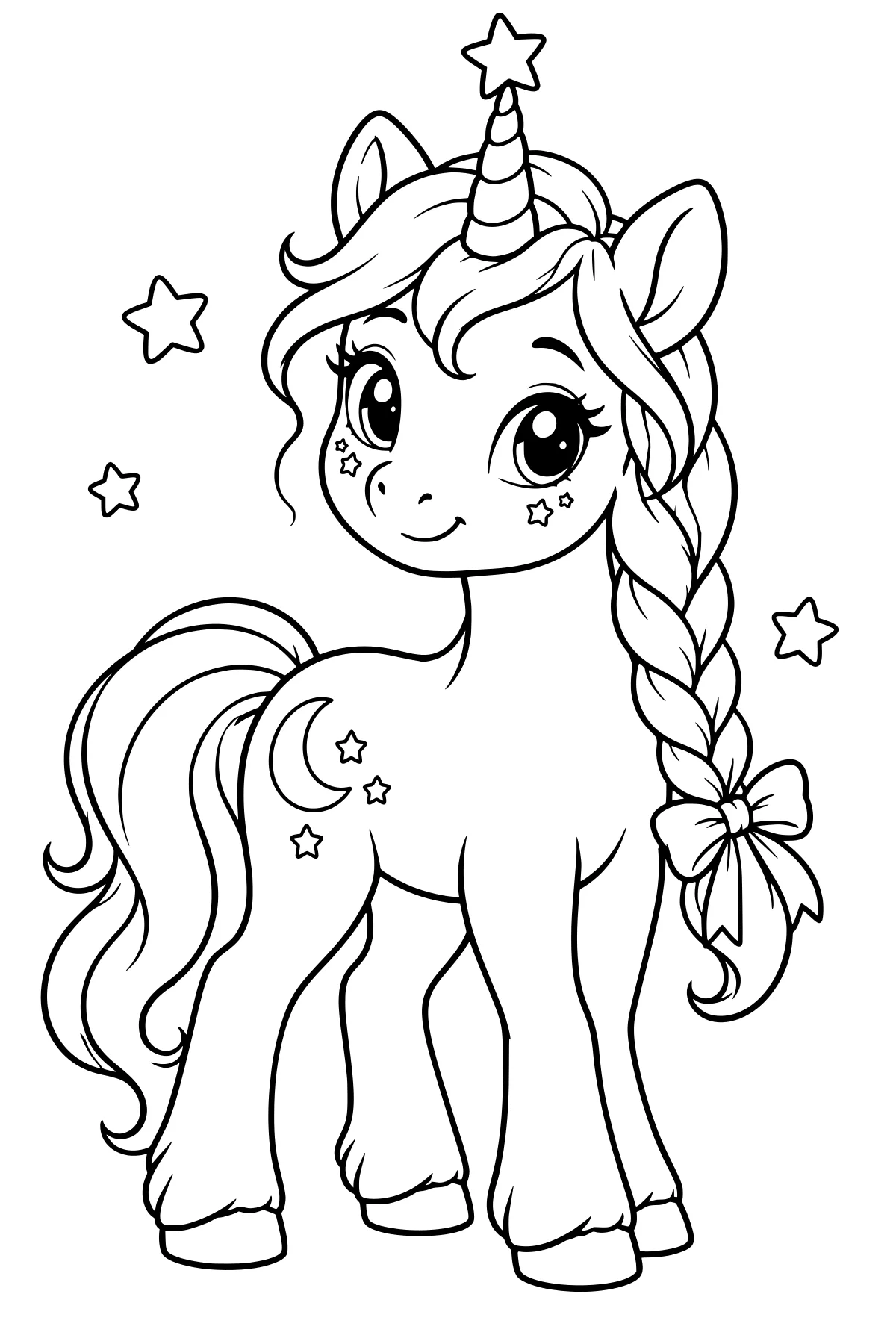 Luma the moon unicorn with a star-topped horn, large eyes, moon and star markings, a flowing tail, and a braided mane tied with a bow.