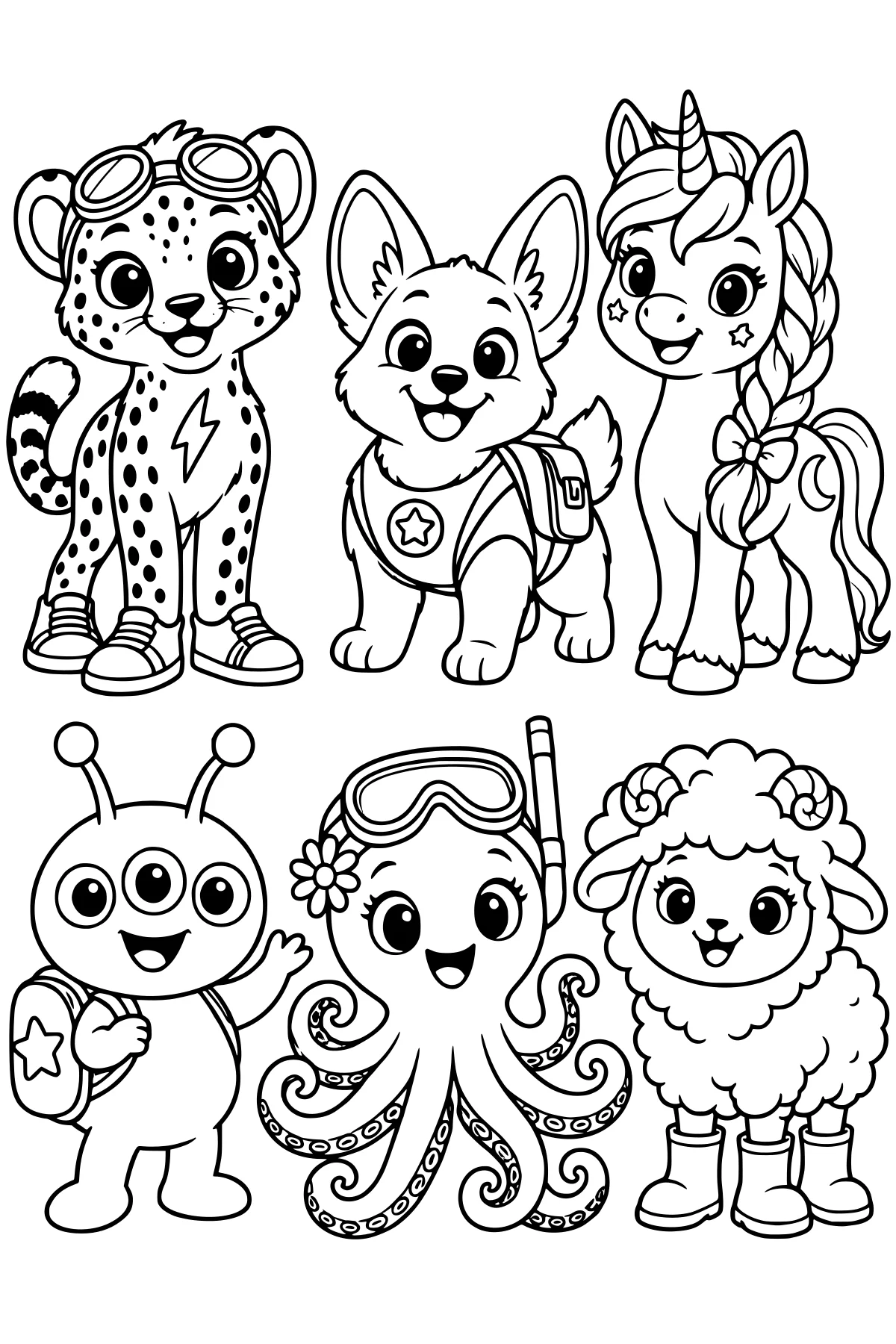 The Crayonest Friends arranged in rows with goggles, backpacks, a horn, braided mane, snorkel gear, curling tentacles, fluffy curls, and boots.