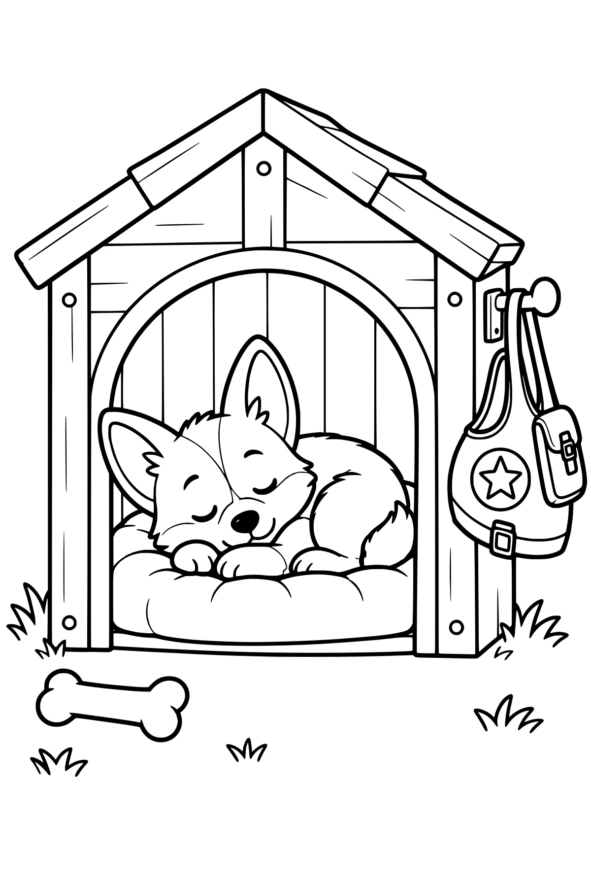 Scout the Corgi curled asleep on a cushion inside a wooden doghouse, with a star-marked bag hanging at the side, grass tufts around the base, and a bone in front.