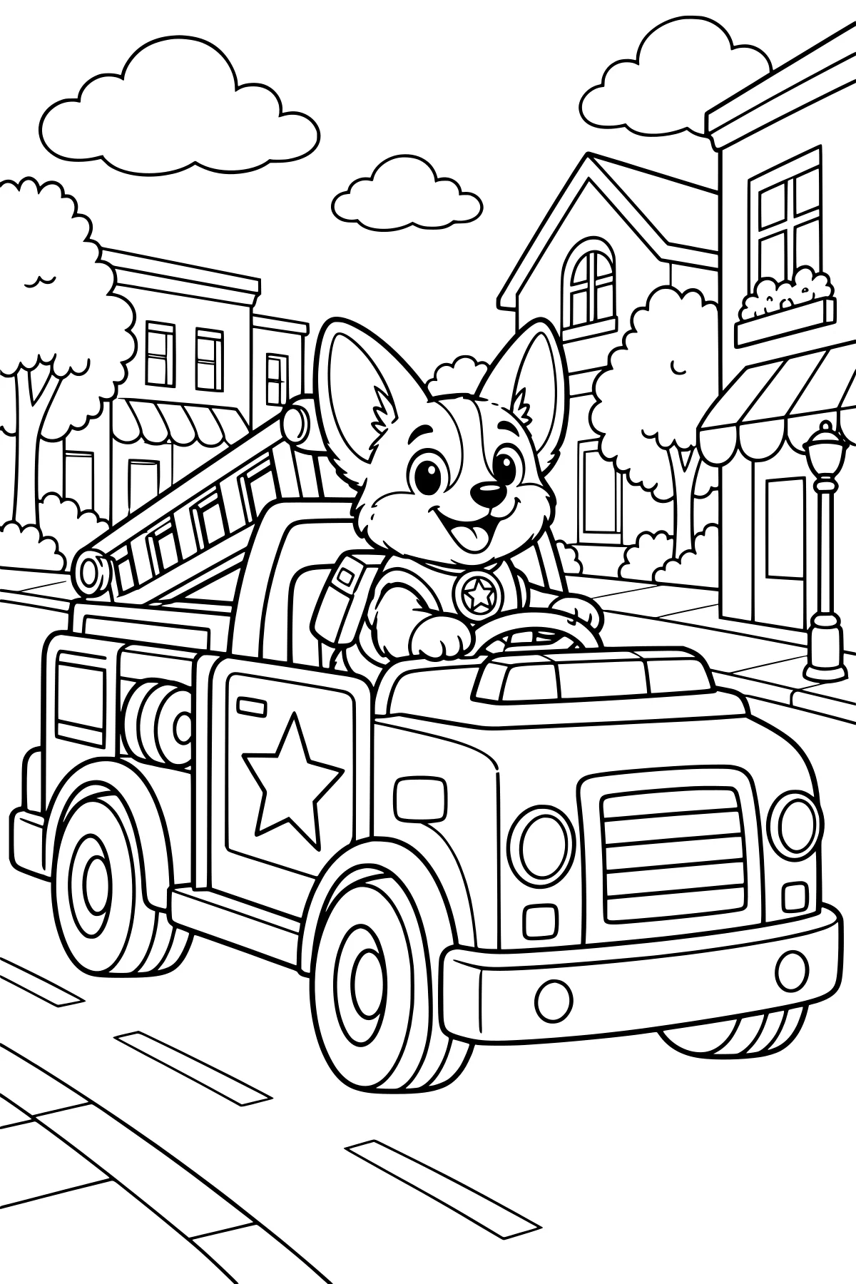 Scout the Corgi behind the wheel of a rescue truck with a ladder and hose, traveling along a street with buildings, trees, awnings, and clouds.