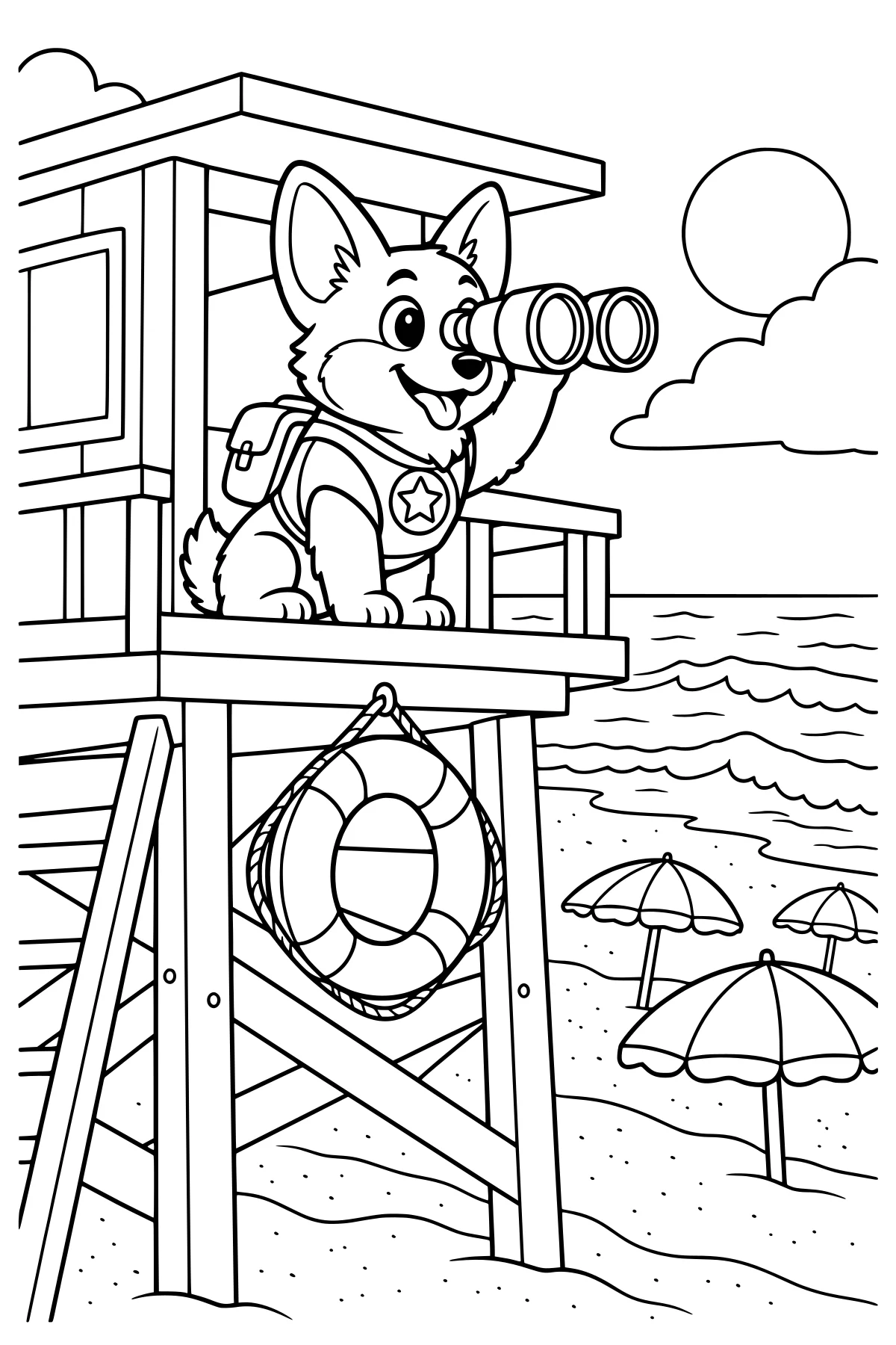 Scout the Corgi looking through binoculars from a lifeguard tower above a sandy beach with a life ring, umbrellas, rolling waves, clouds, and the sun.