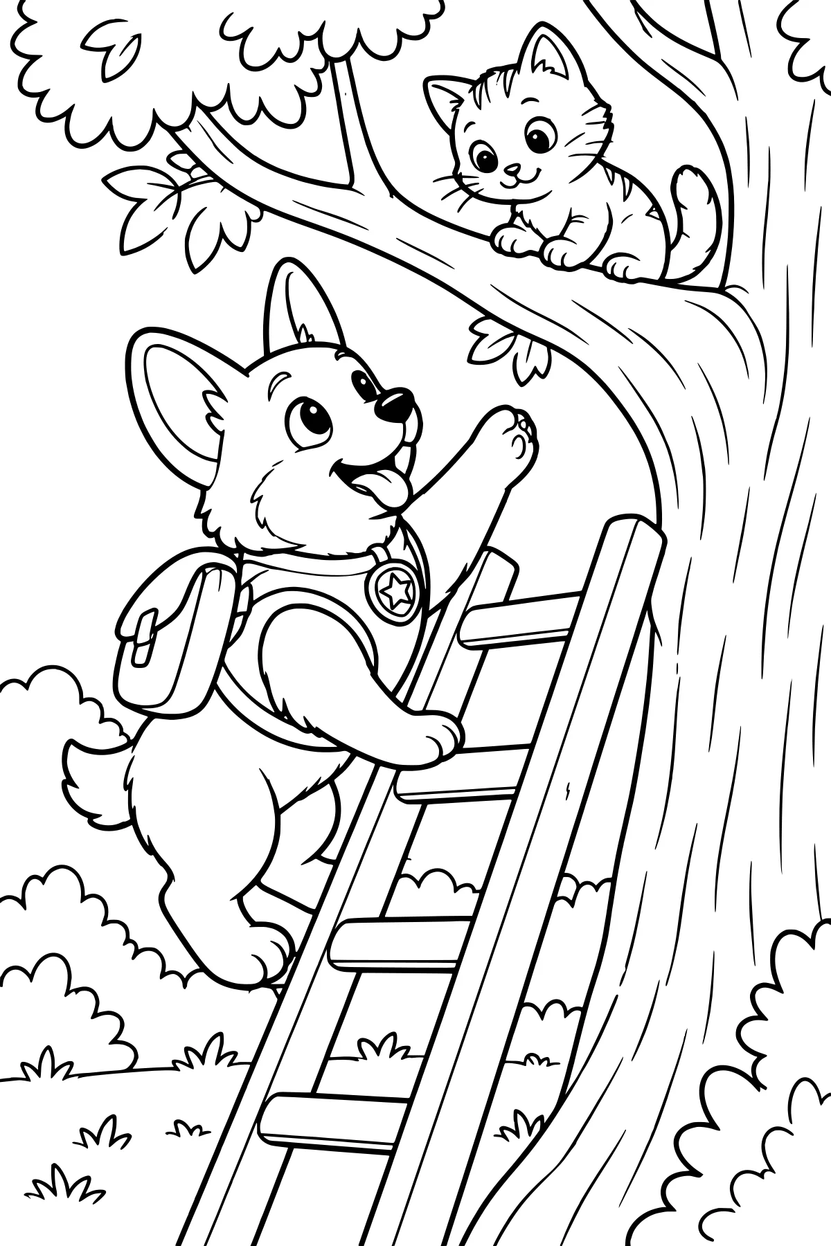 A corgi wearing a backpack and star badge climbs a ladder and reaches toward a kitten perched on a tree branch, with leaves and bushes nearby.