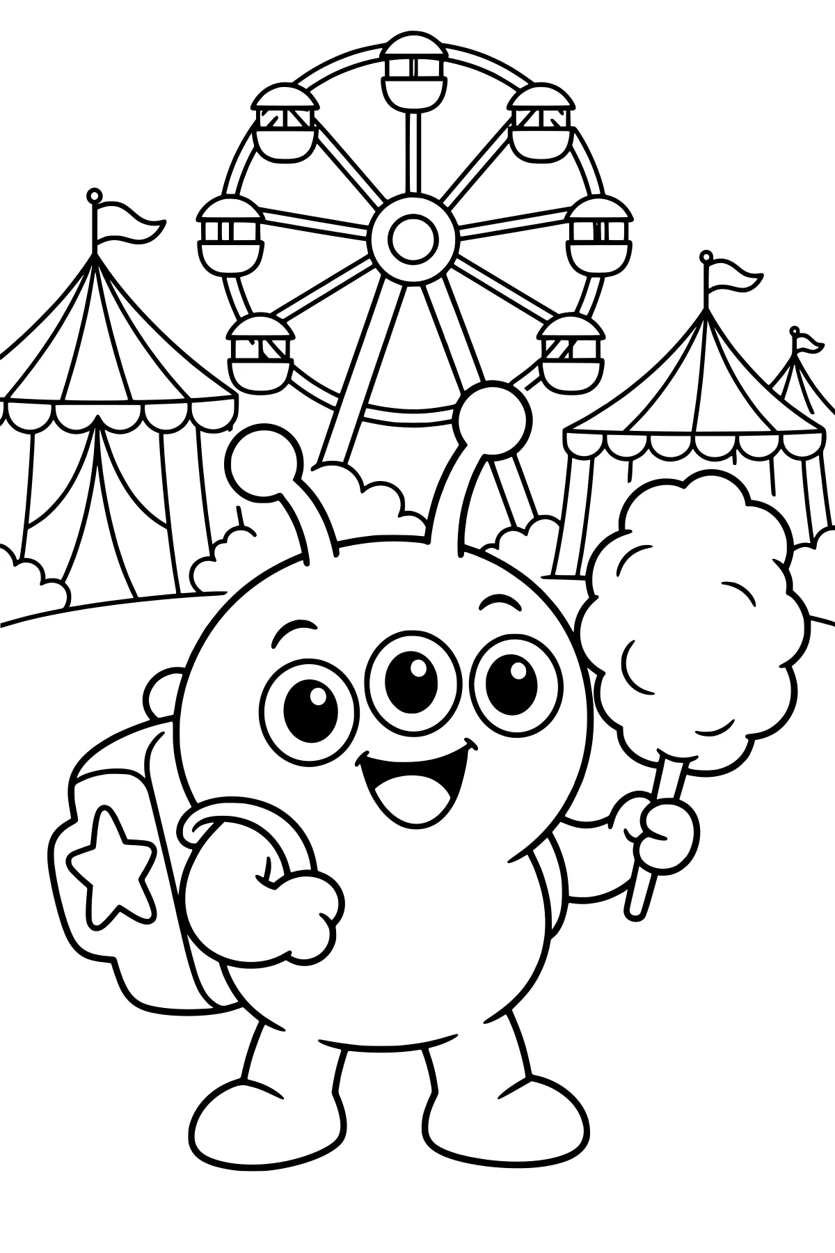Zorp, a round alien with antennae and large eyes, holding cotton candy in front of a Ferris wheel and peaked carnival tents.