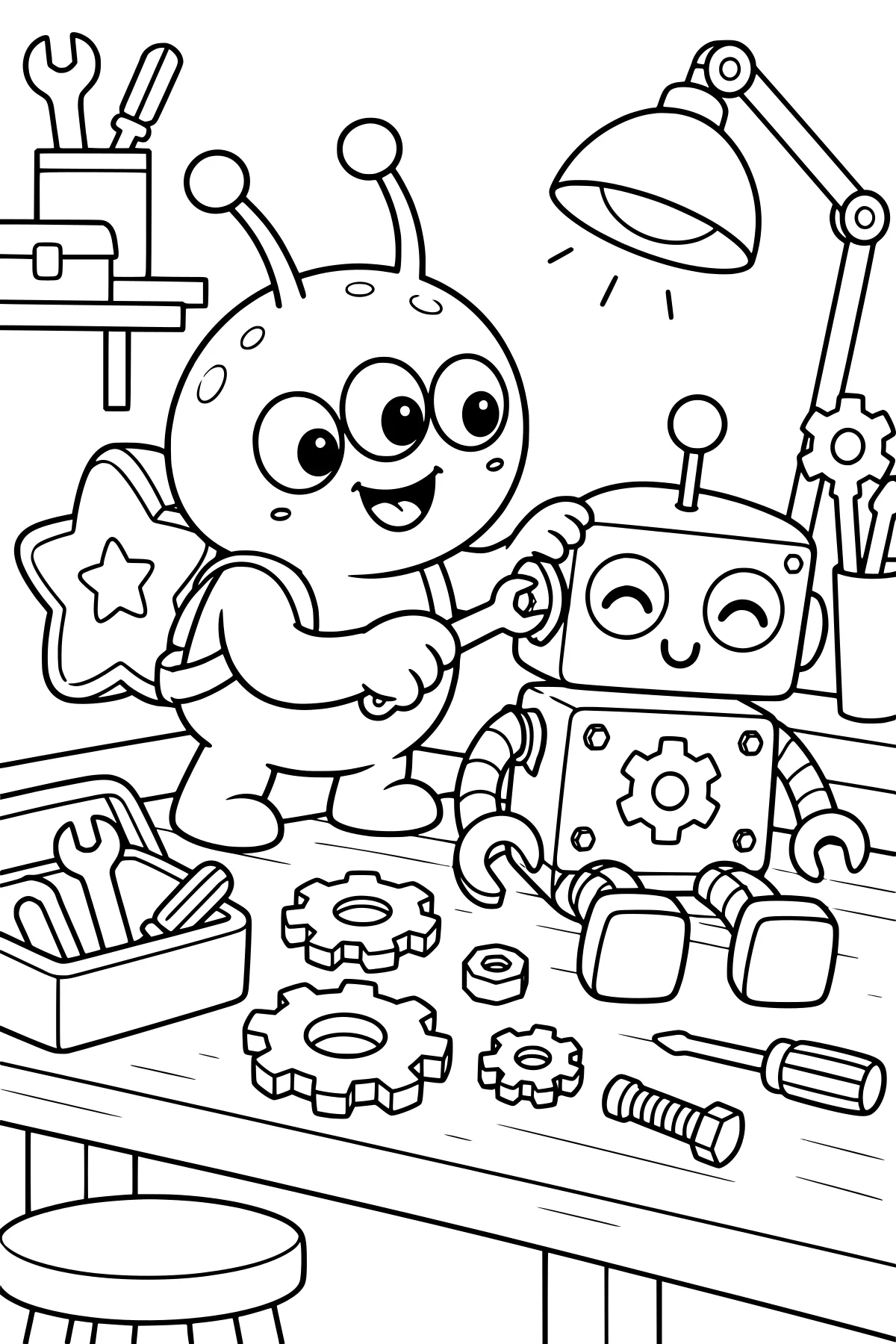 Zorp holding a wrench beside a seated robot at a workbench covered with gears, bolts, screwdrivers, and a toolbox under a desk lamp.