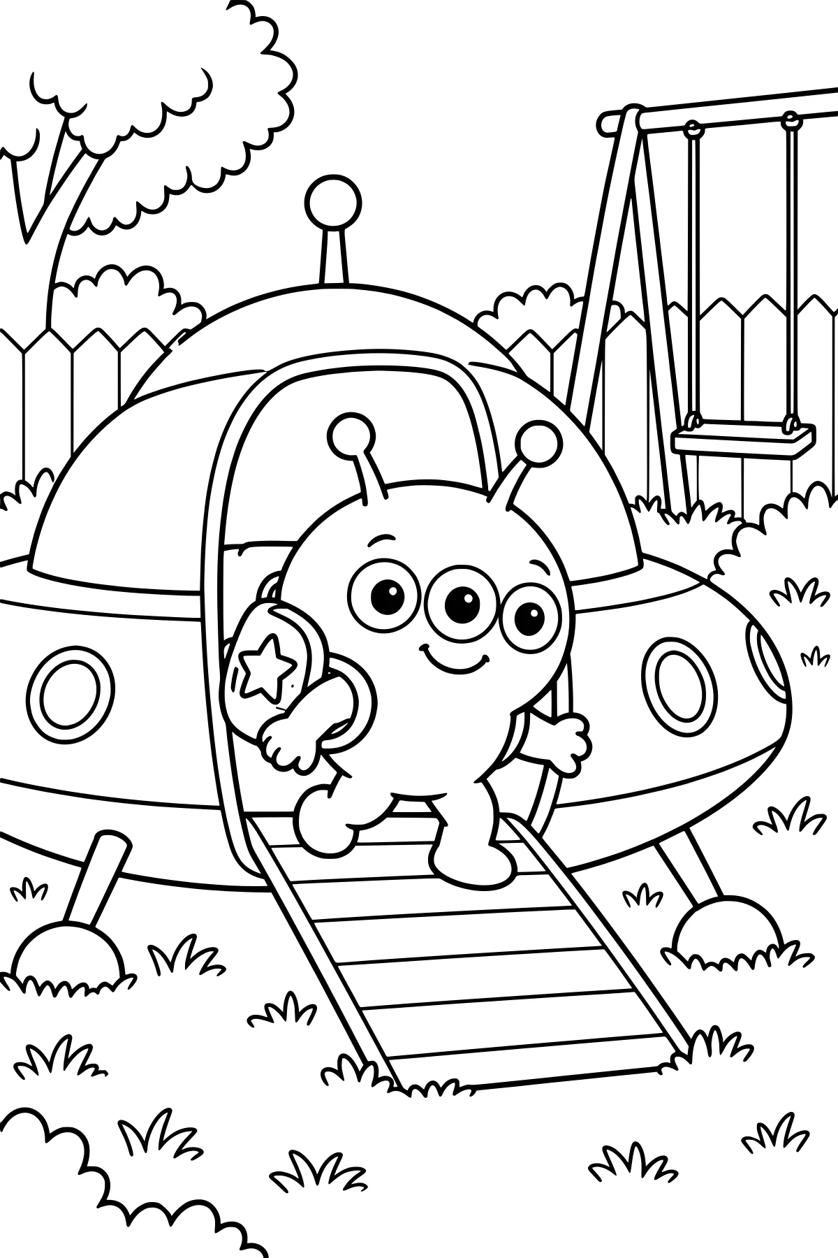 Zorp stepping down a spaceship ramp in a fenced backyard with a tree, bushes, grass, and a swing set.
