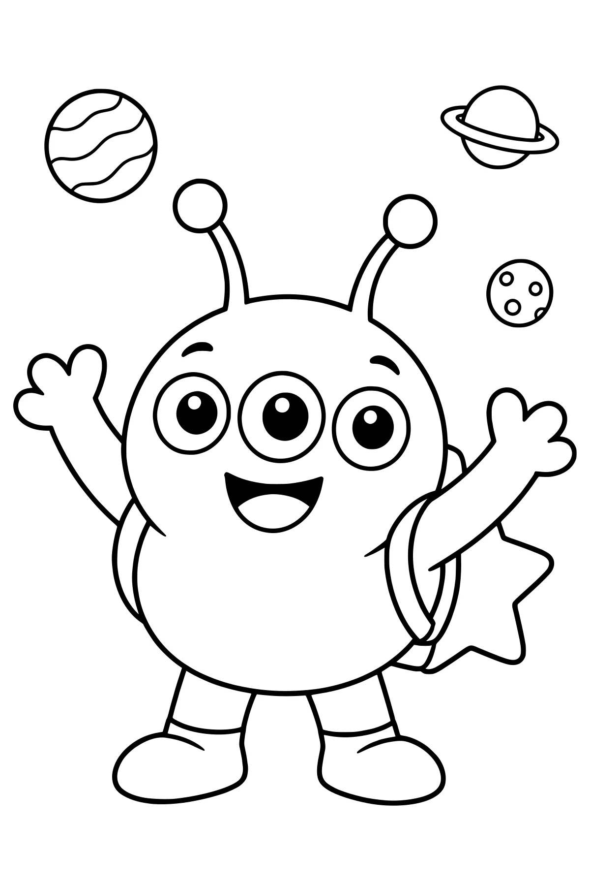 Zorp raises both hands beneath planets and a cratered moon, with antennae, three large eyes, boots, and a star-shaped form behind the body.