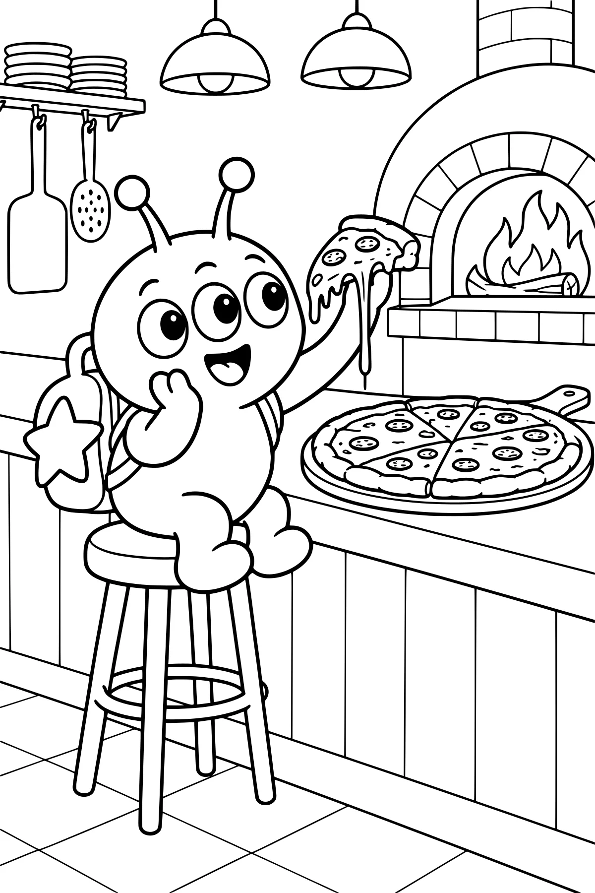 Zorp sits on a stool holding a dripping pizza slice near an open mouth, with a sliced pizza on the counter, a brick oven, hanging utensils, and stacked plates nearby.
