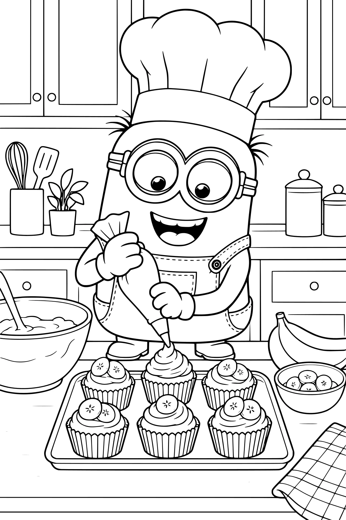 Goggled Minion chef piping frosting onto banana-topped cupcakes in a kitchen