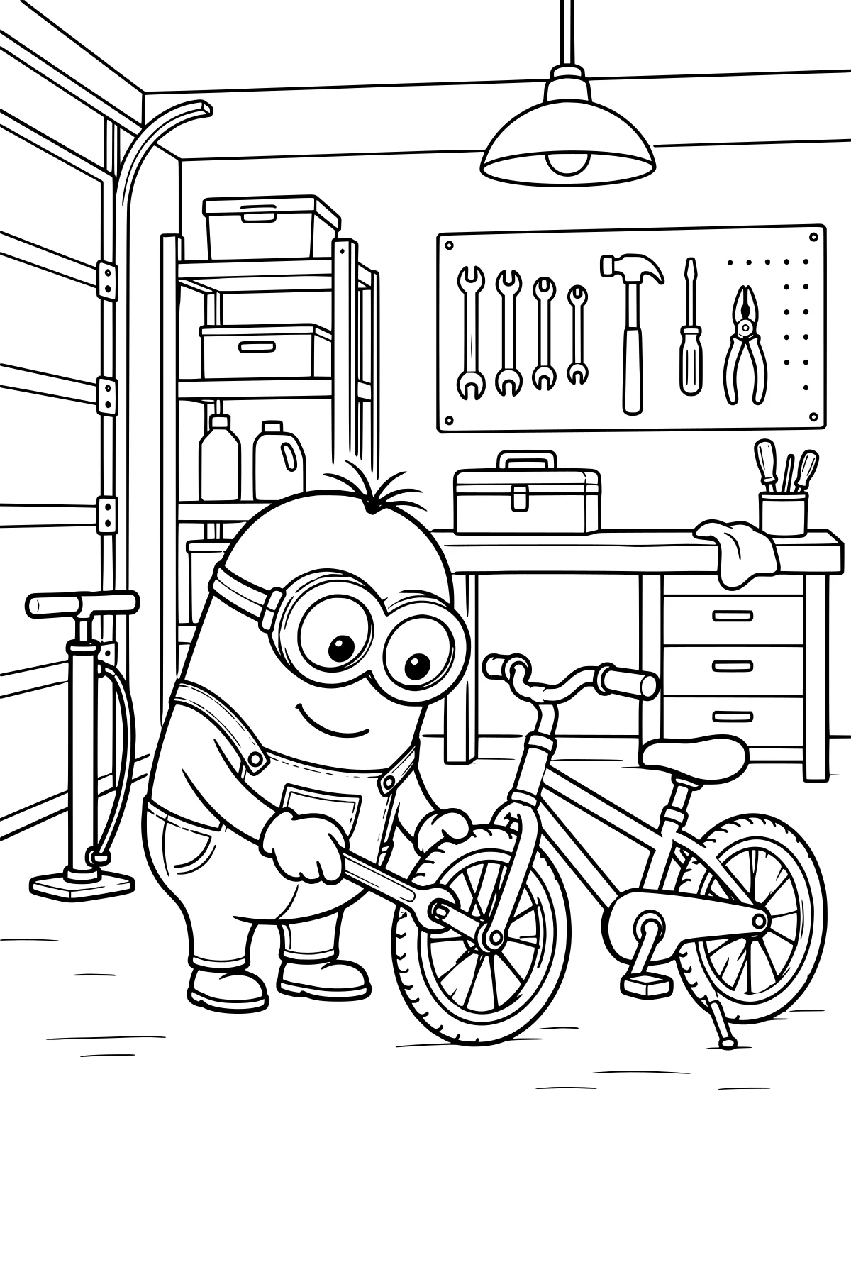 Goggled Minion mechanic using a wrench on a bicycle wheel inside a garage