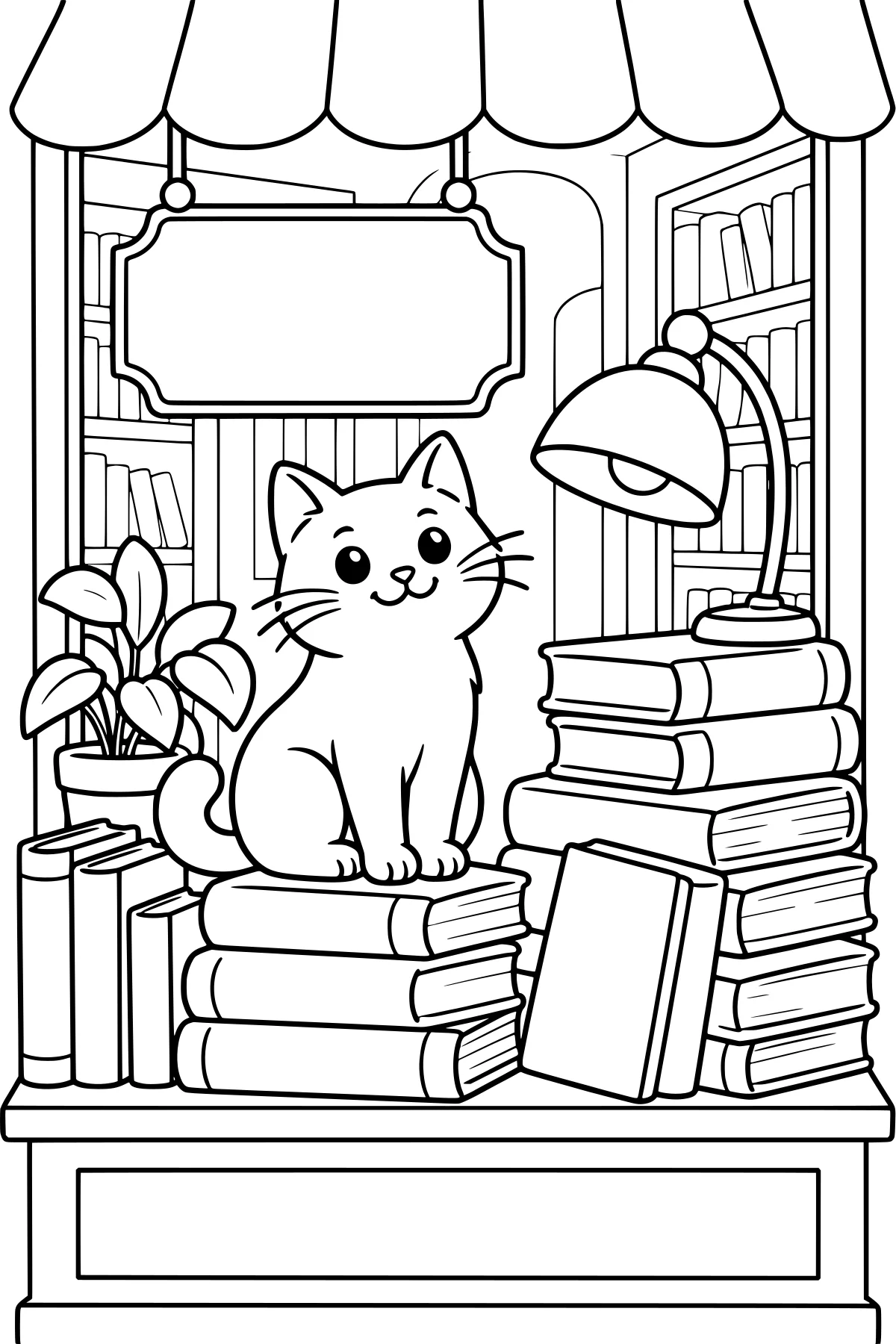 Cat sitting on stacked books beside a potted plant and arched lamp, with shelves, an awning, and a blank hanging sign behind it.