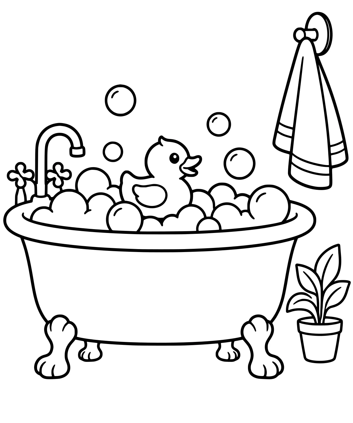 Rubber duck surrounded by bubbles in a claw-foot bathtub beside a curved faucet, hanging towel, and potted leafy plant.