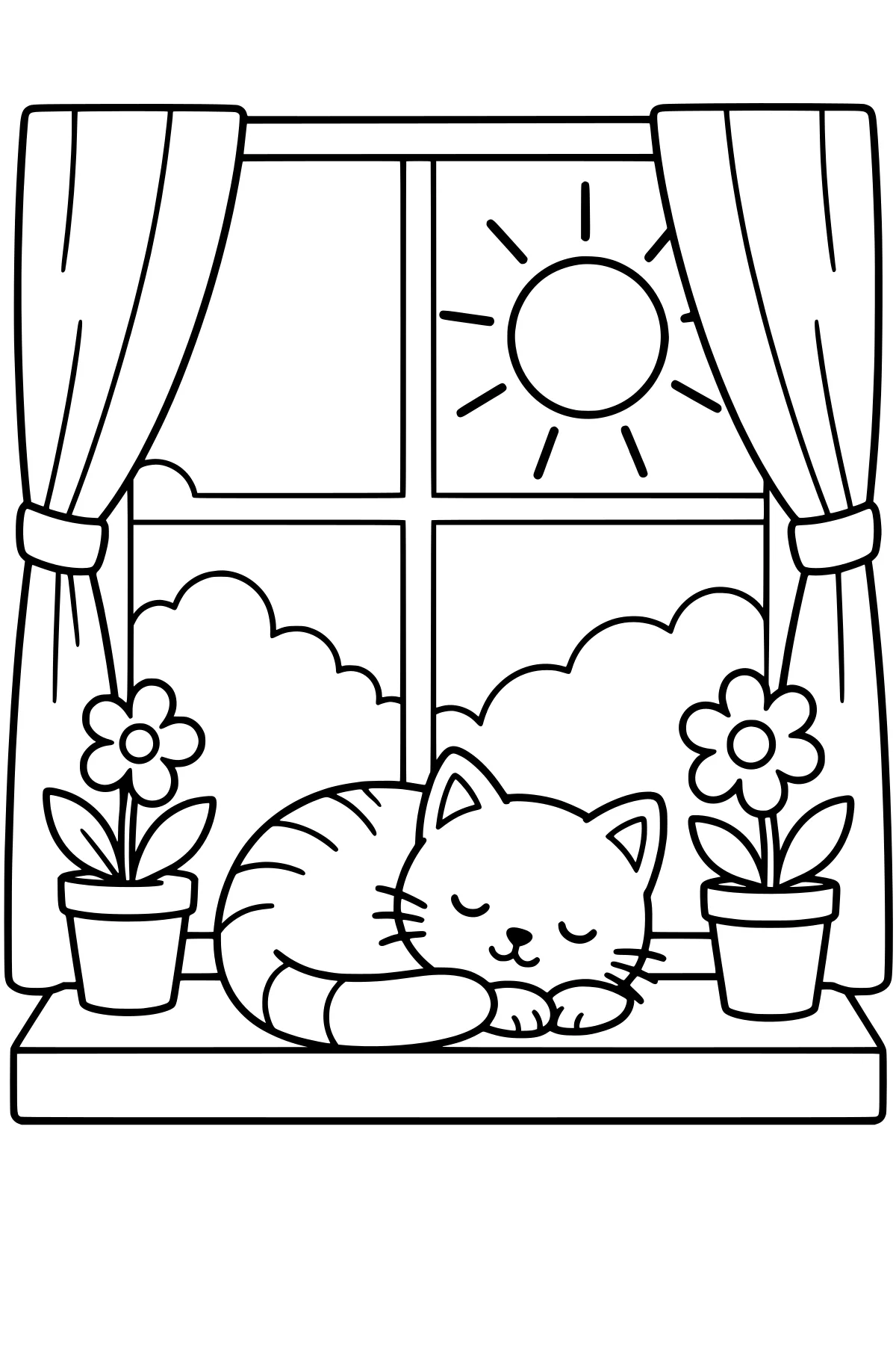 Curled sleeping cat on a windowsill between potted flowers, with tied-back curtains, clouds, and a sun outside the window.