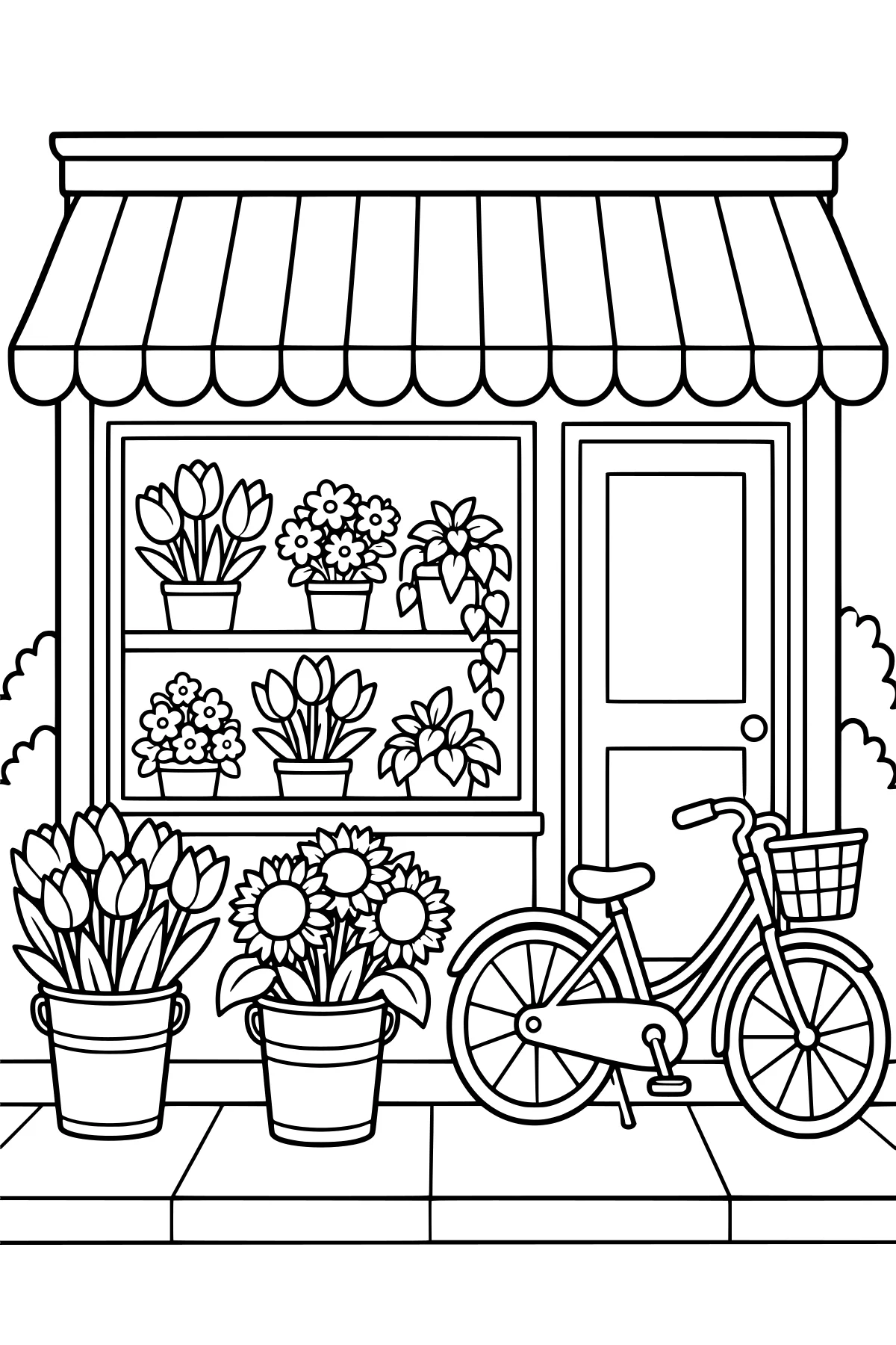 Flower shop facade with a striped awning, potted flowers in the display window, large flowerpots outside, and a bicycle with a front basket by the door.