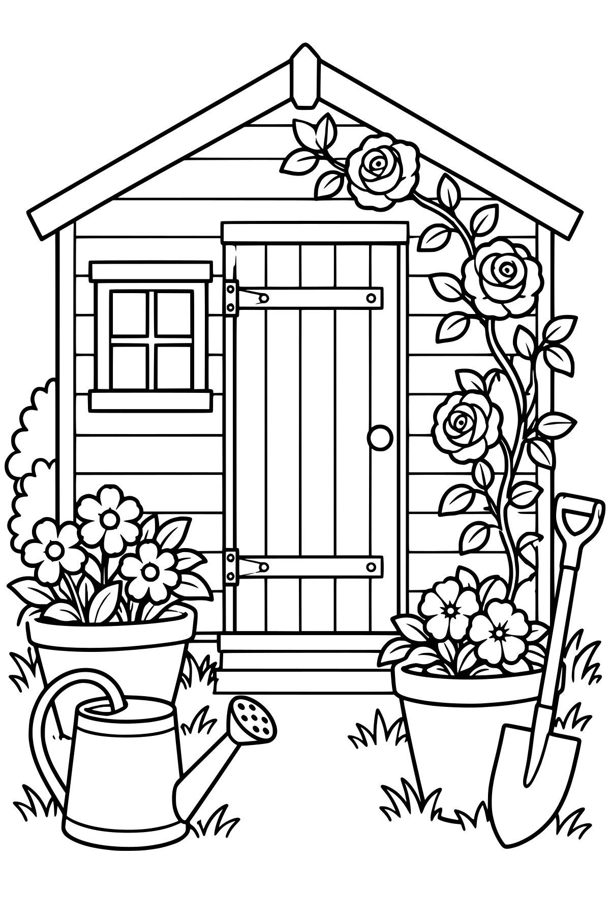 Black-and-white line art of a garden shed with a paneled door and window, surrounded by potted blooms, climbing roses, grass, a watering can, and a spade.