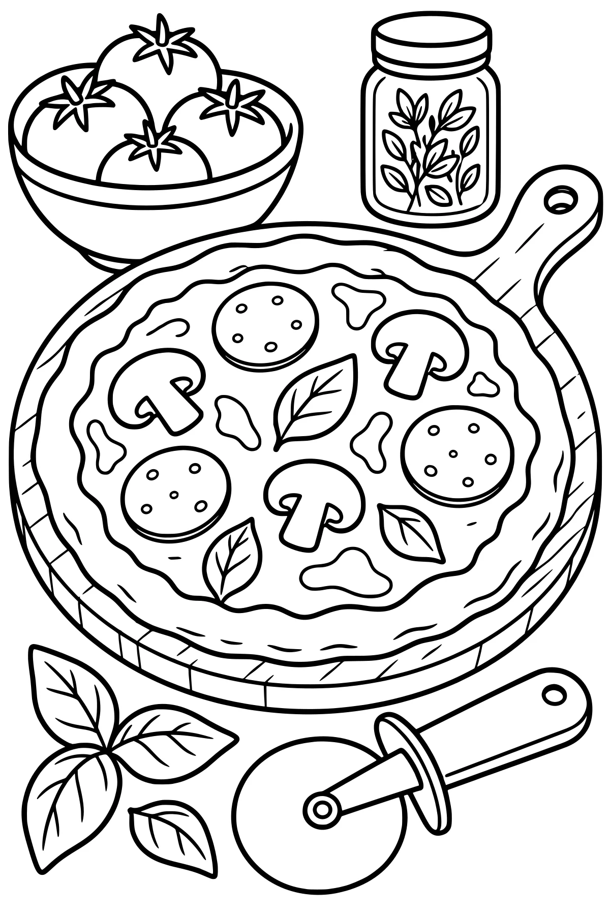 Homemade pizza on a handled board beside a bowl of tomatoes, an herb jar, loose leaves, and a pizza cutter.