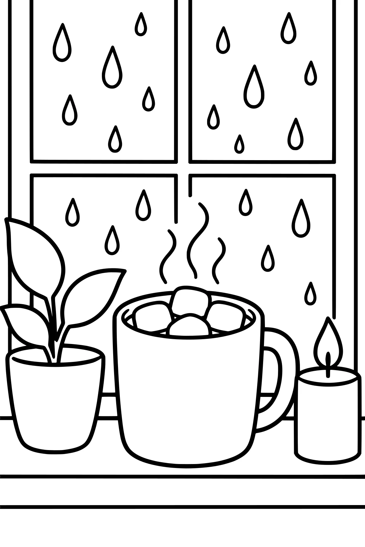 Steaming mug with marshmallows beside a leafy potted plant and lit candle on a windowsill, with raindrops across the window panes.