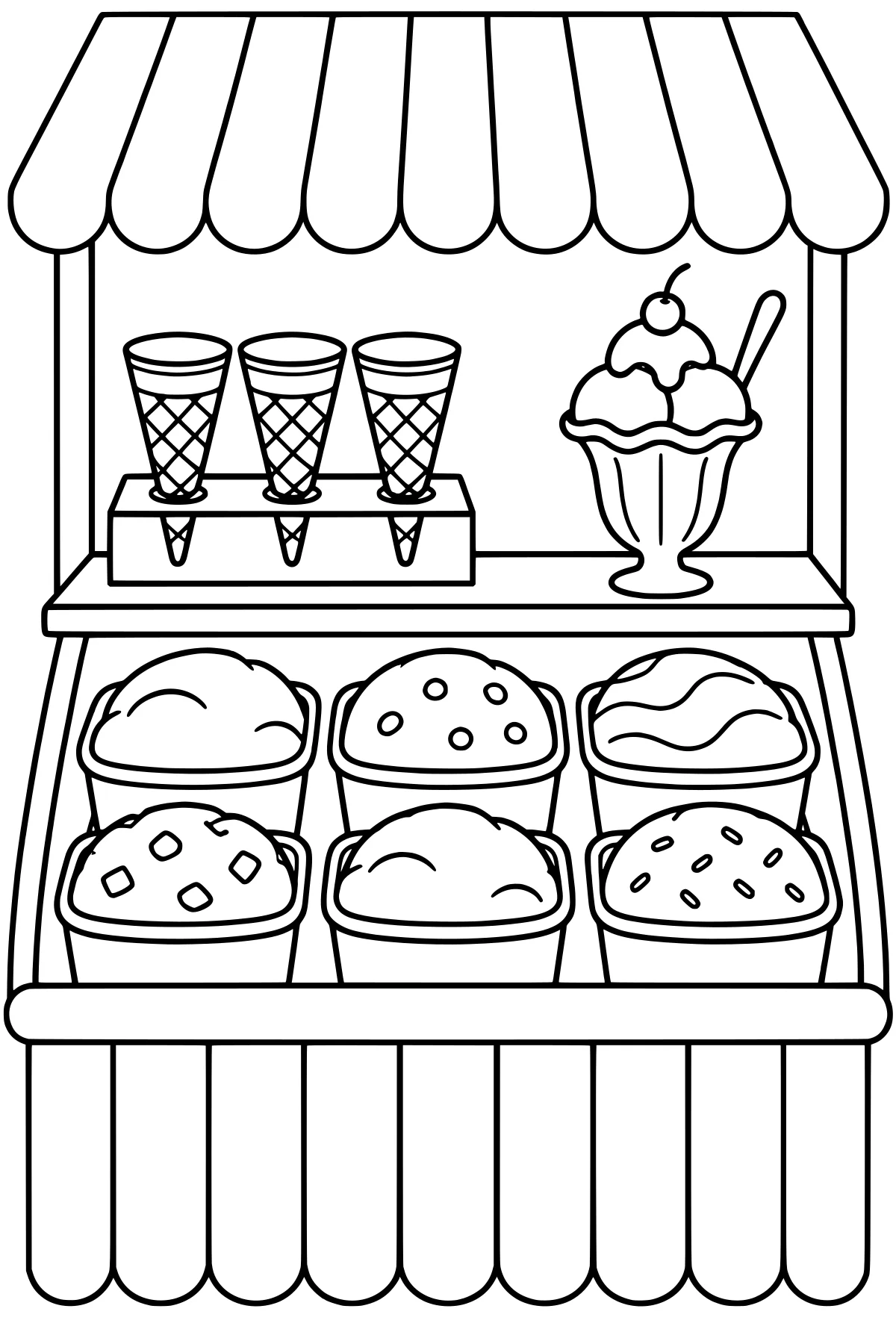Ice cream counter under a striped awning, with tubs of ice cream, waffle cones in a holder, and a tall sundae with sauce, a cherry, and a spoon.