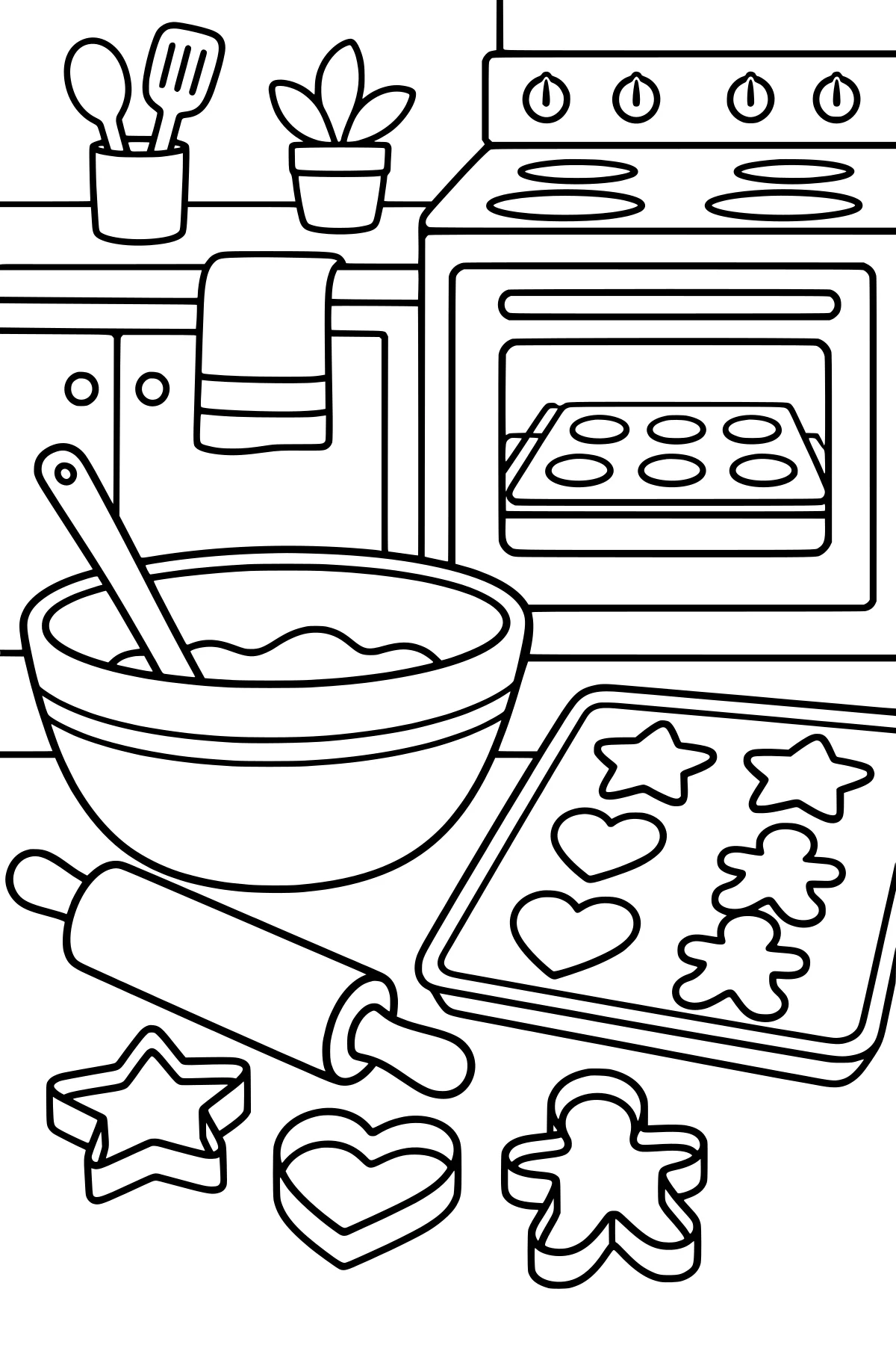 Kitchen counter with a mixing bowl, spoon, rolling pin, shaped cookies, matching cutters, and an oven holding a tray of round cookies.