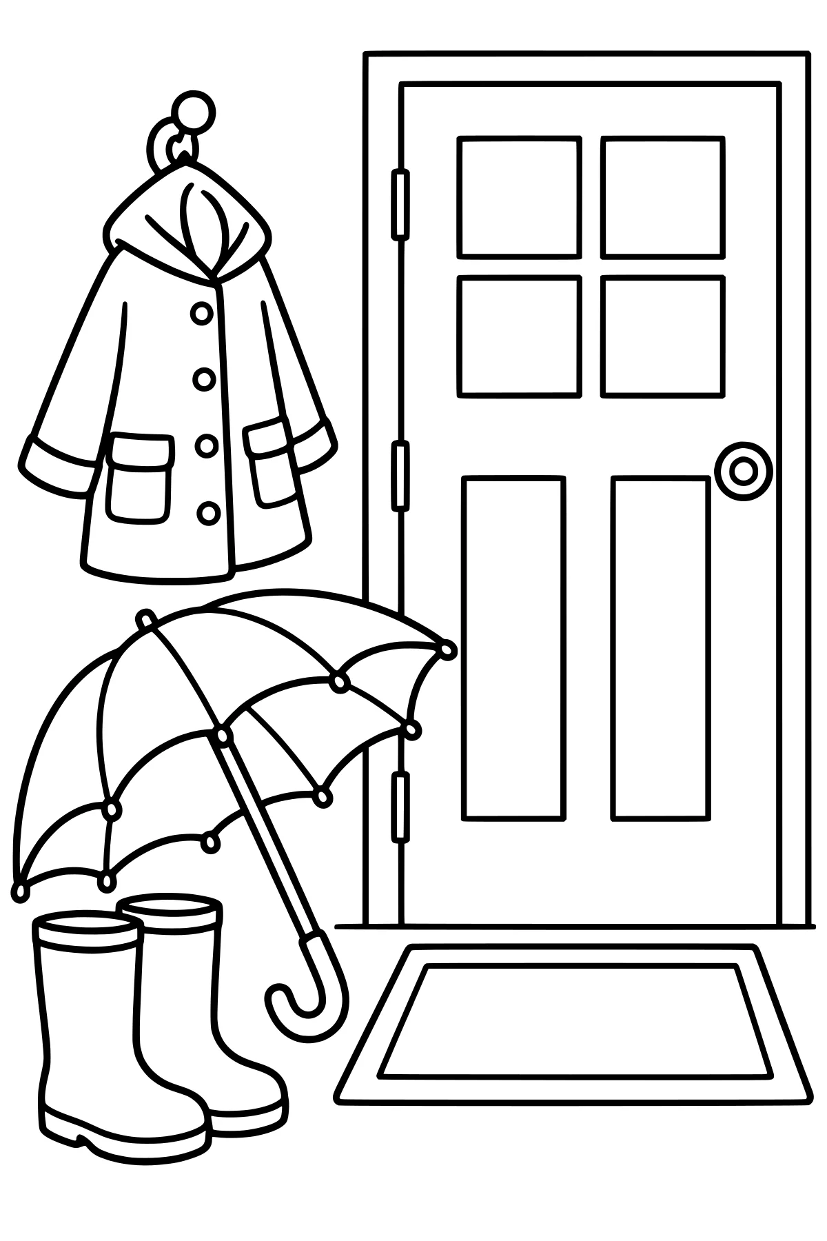 Rain boots and an open umbrella beside a paneled door and doormat, with a buttoned raincoat hanging nearby.