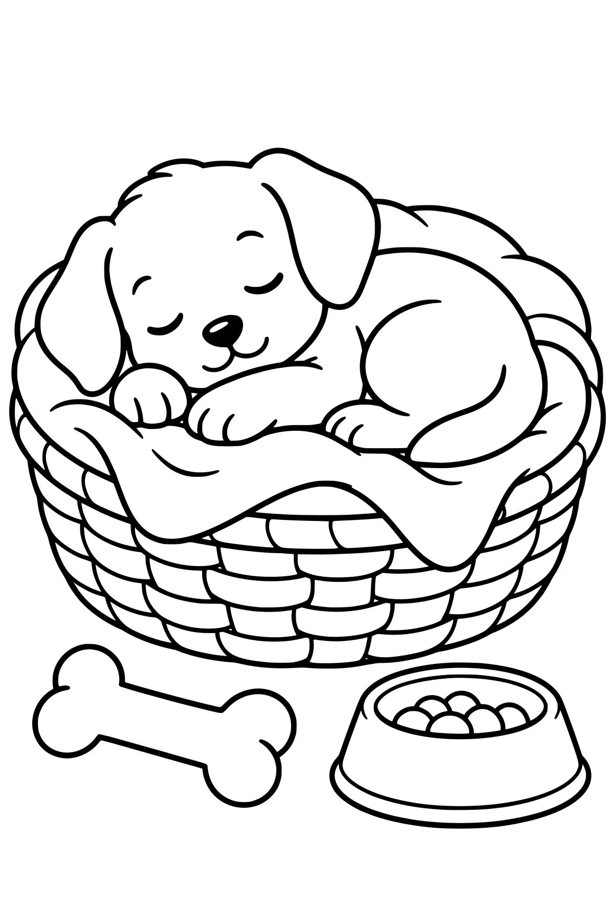 Sleeping puppy curled on a blanket in a woven basket, with a bone and filled food bowl in front.