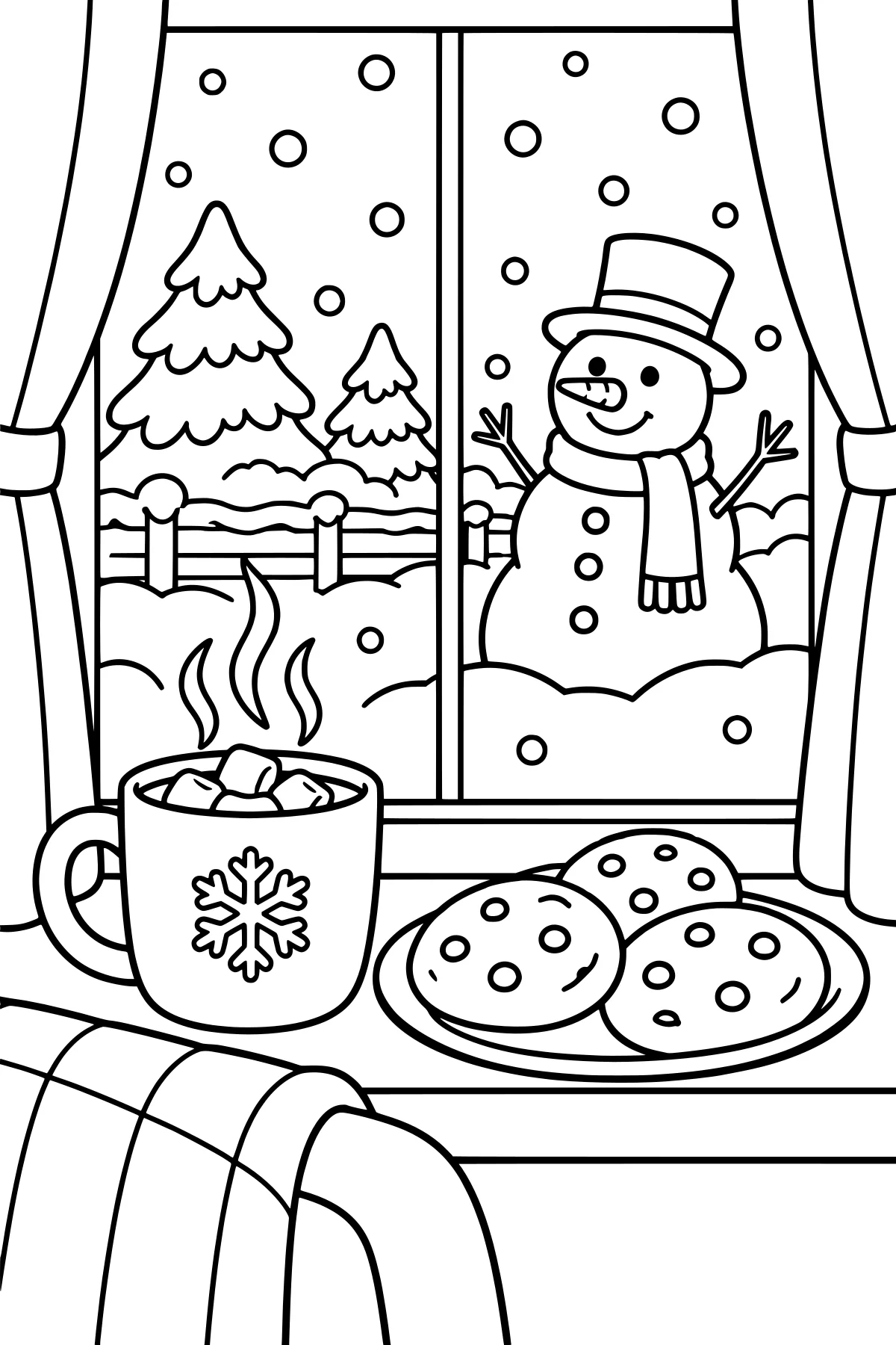 Curtained window overlooking falling snow, evergreens, a fence, and a snowman, with a steaming marshmallow-topped mug, cookies on a plate, and a striped blanket indoors.